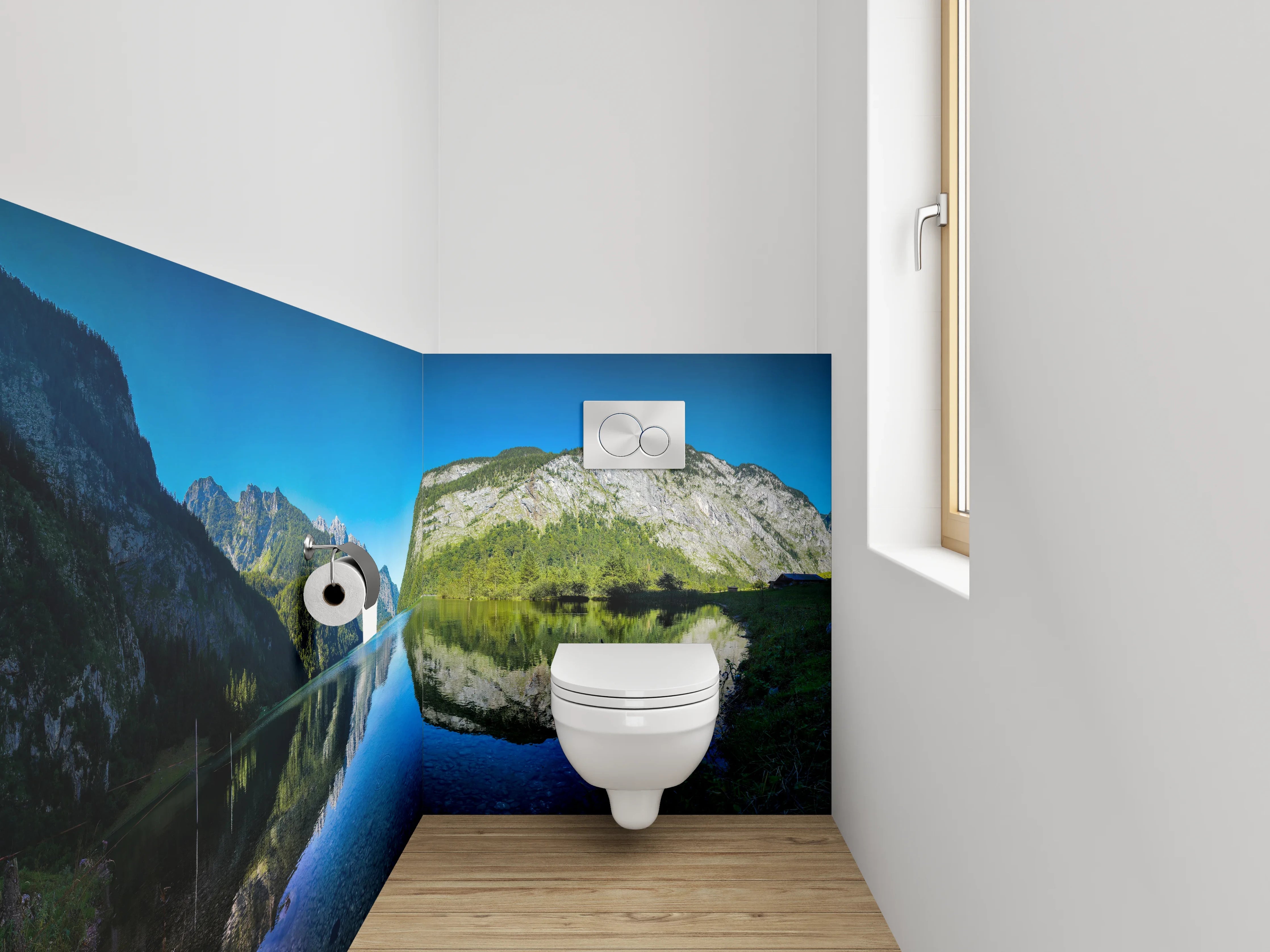 WC-Rückwand - Bergsee-Panorama mit klarer Spiegelung