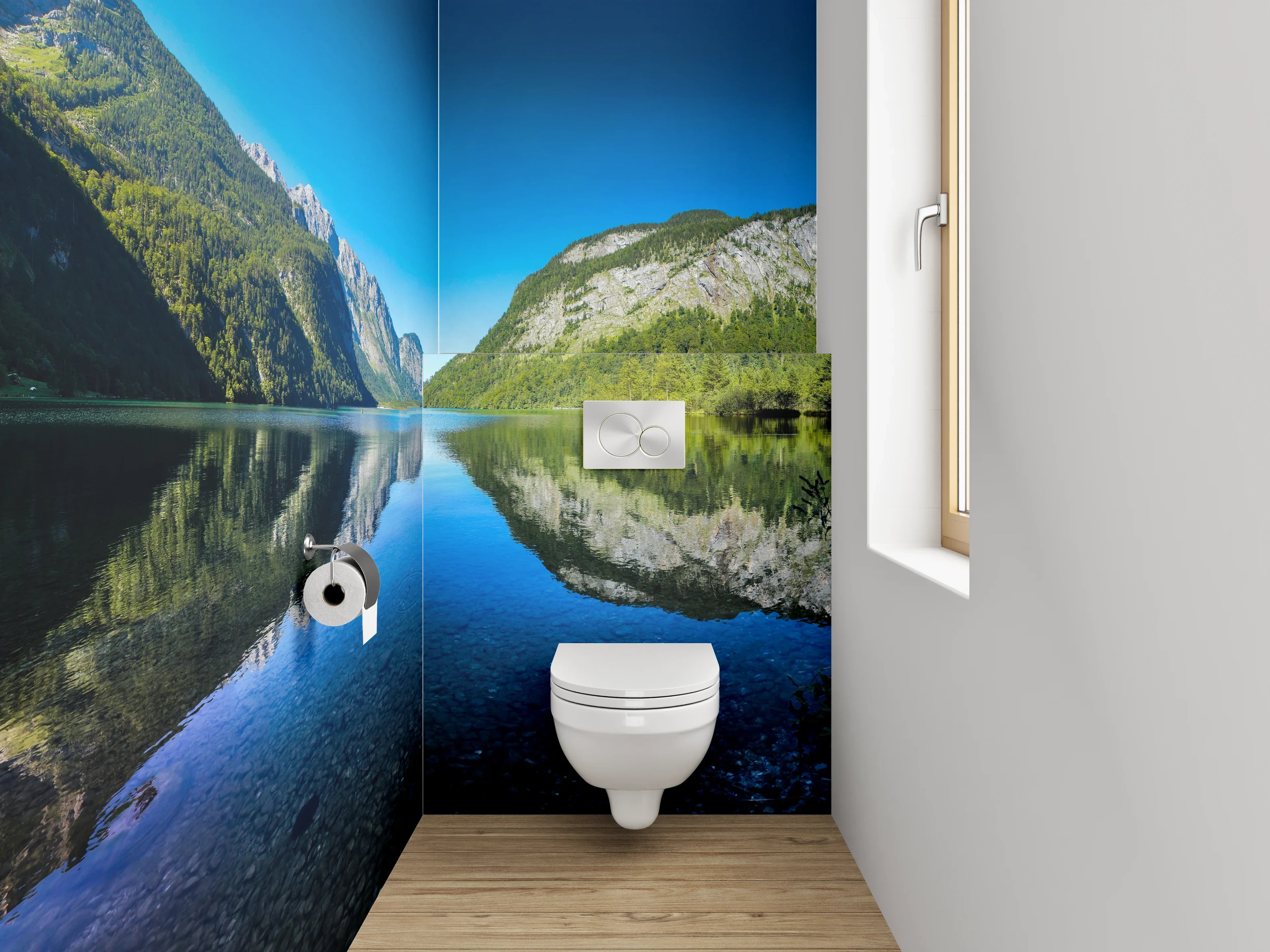 WC-Rückwand - Bergsee-Panorama mit klarer Spiegelung