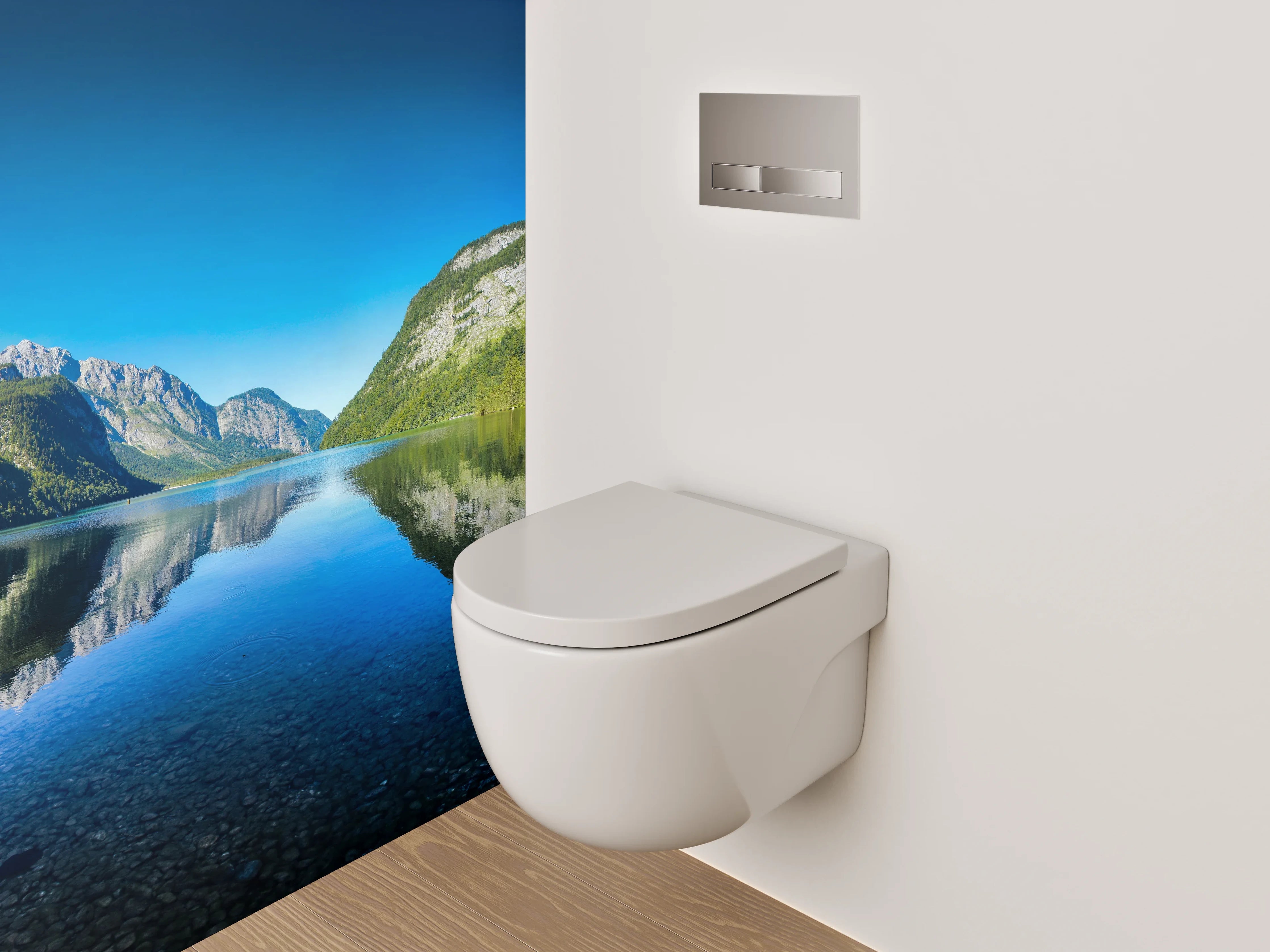 WC-Rückwand - Bergsee-Panorama mit klarer Spiegelung