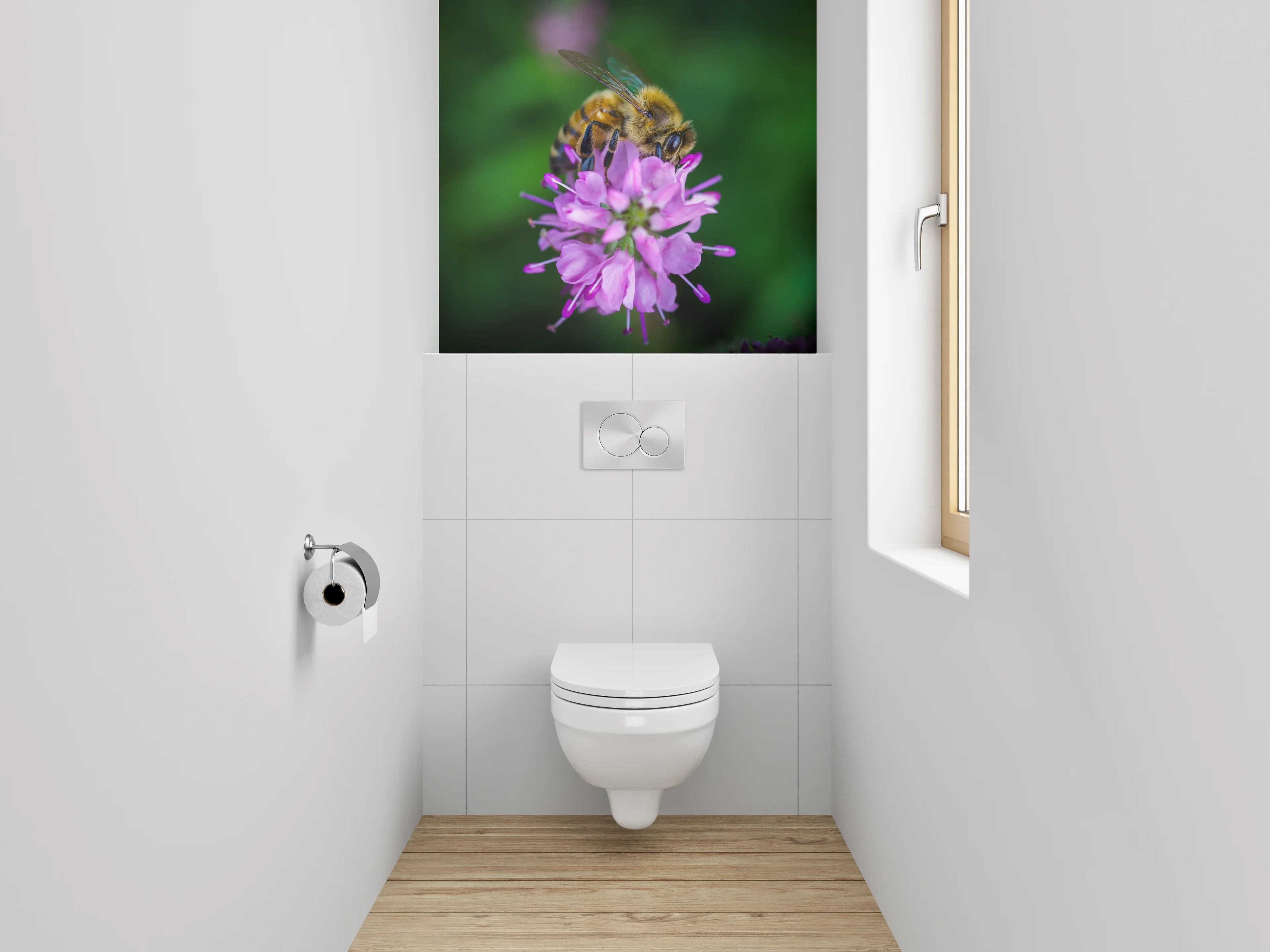 WC-Rückwand - Biene auf pinker Blüte Makrofotografie
