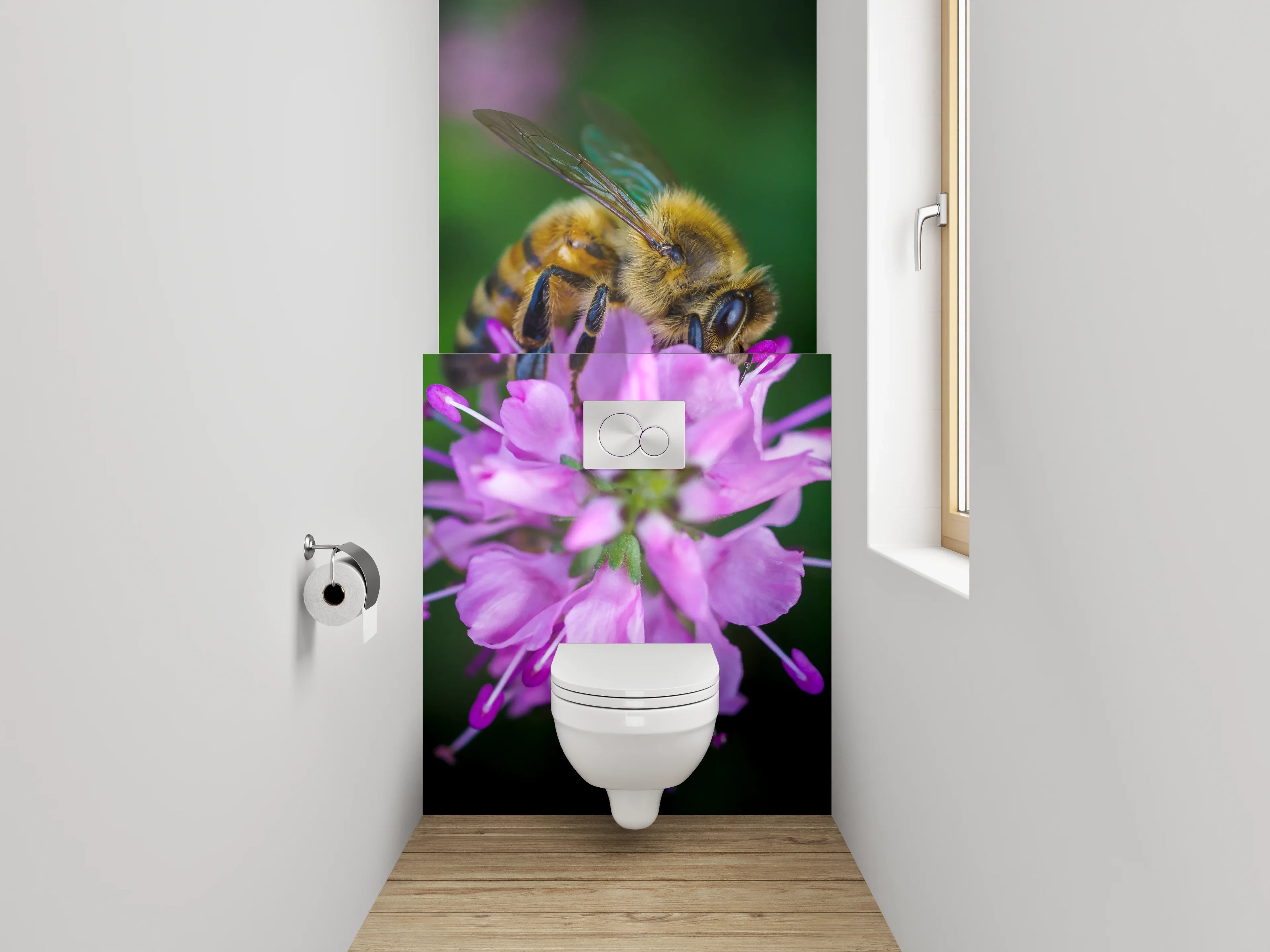 WC-Rückwand - Biene auf pinker Blüte Makrofotografie