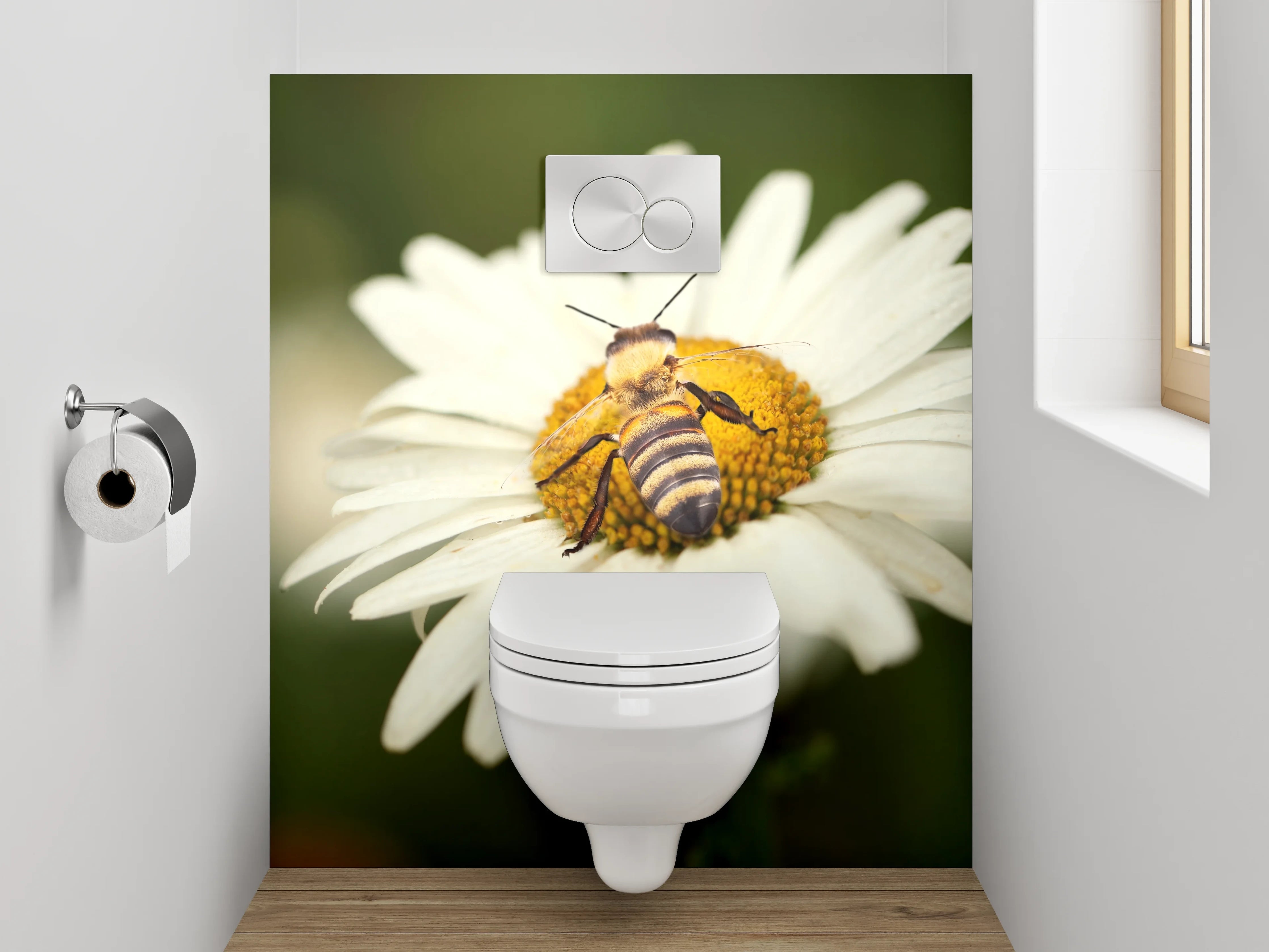 WC-Rückwand - Biene auf weißer Blüte Makro