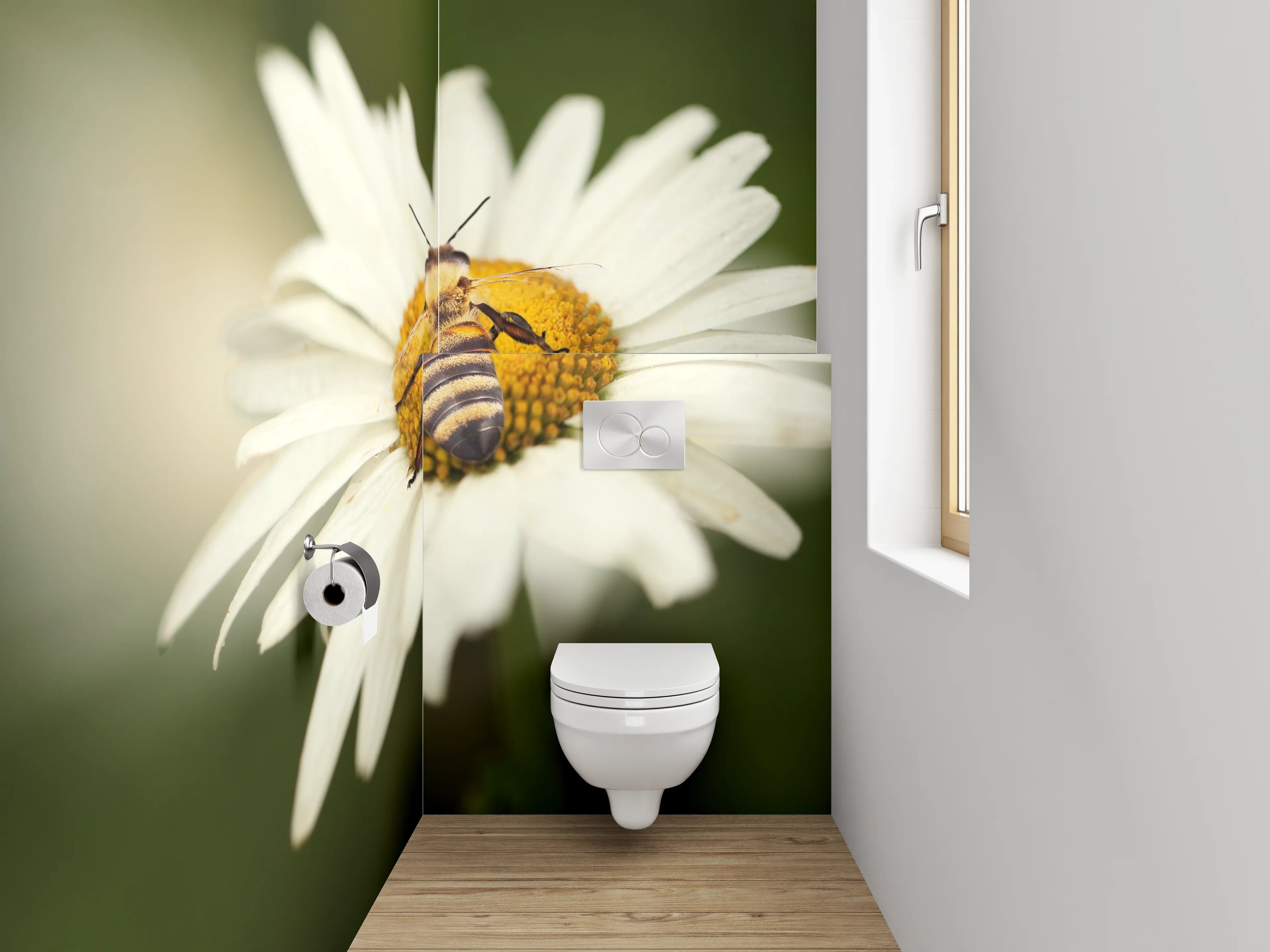WC-Rückwand - Biene auf weißer Blüte Makro