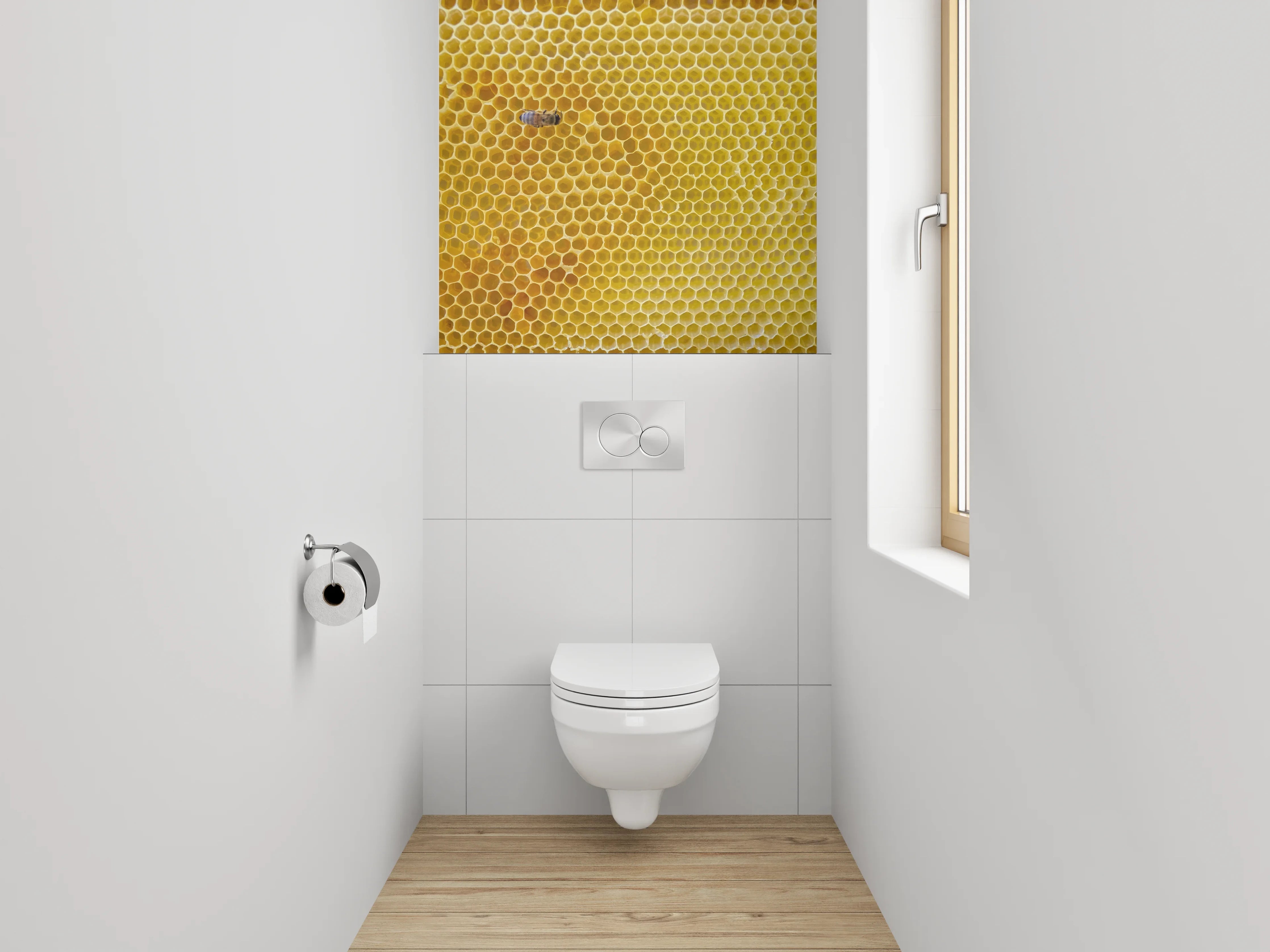 WC-Rückwand - Bienenwabe und Biene Makrofoto