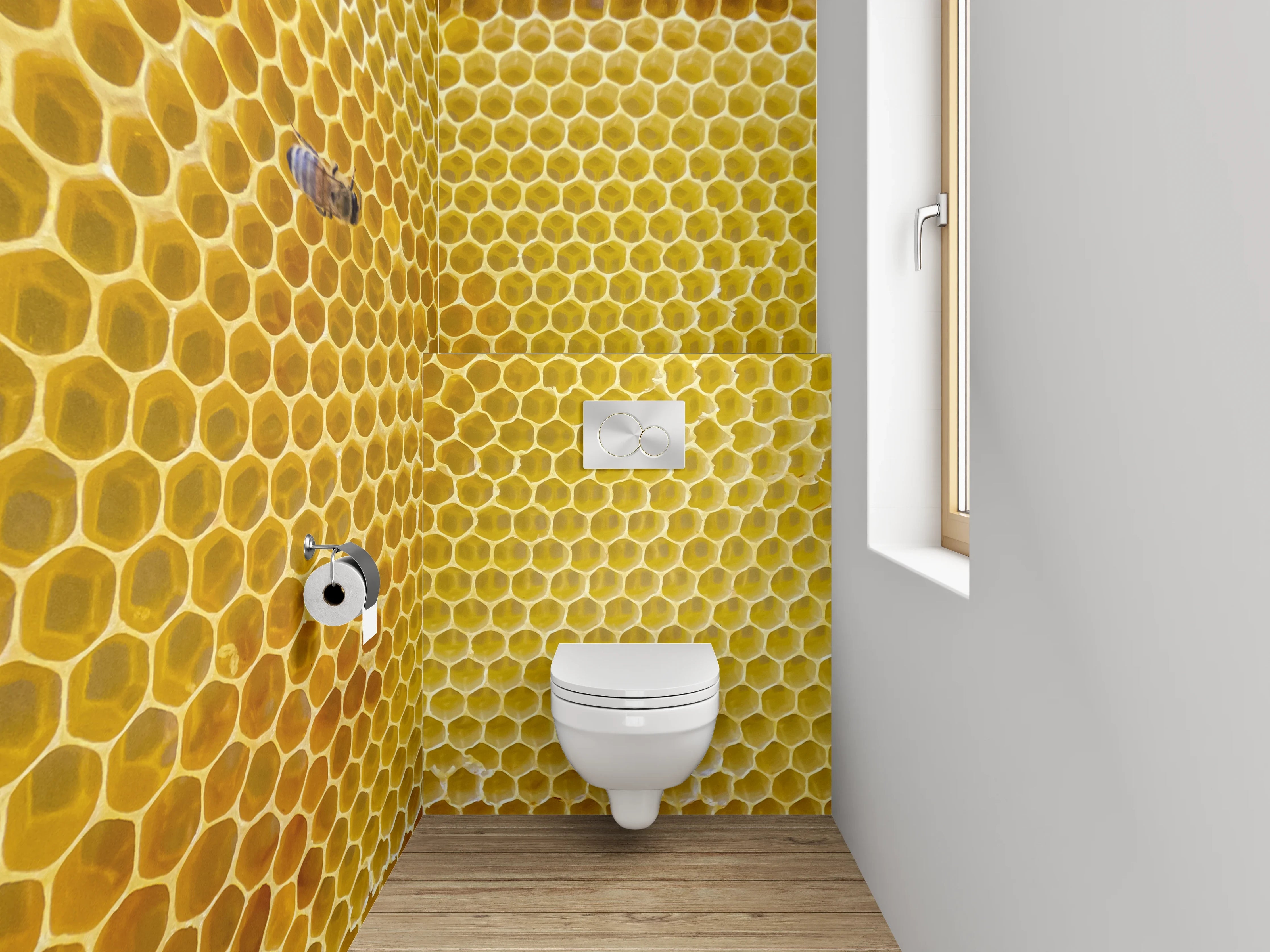 WC-Rückwand - Bienenwabe und Biene Makrofoto