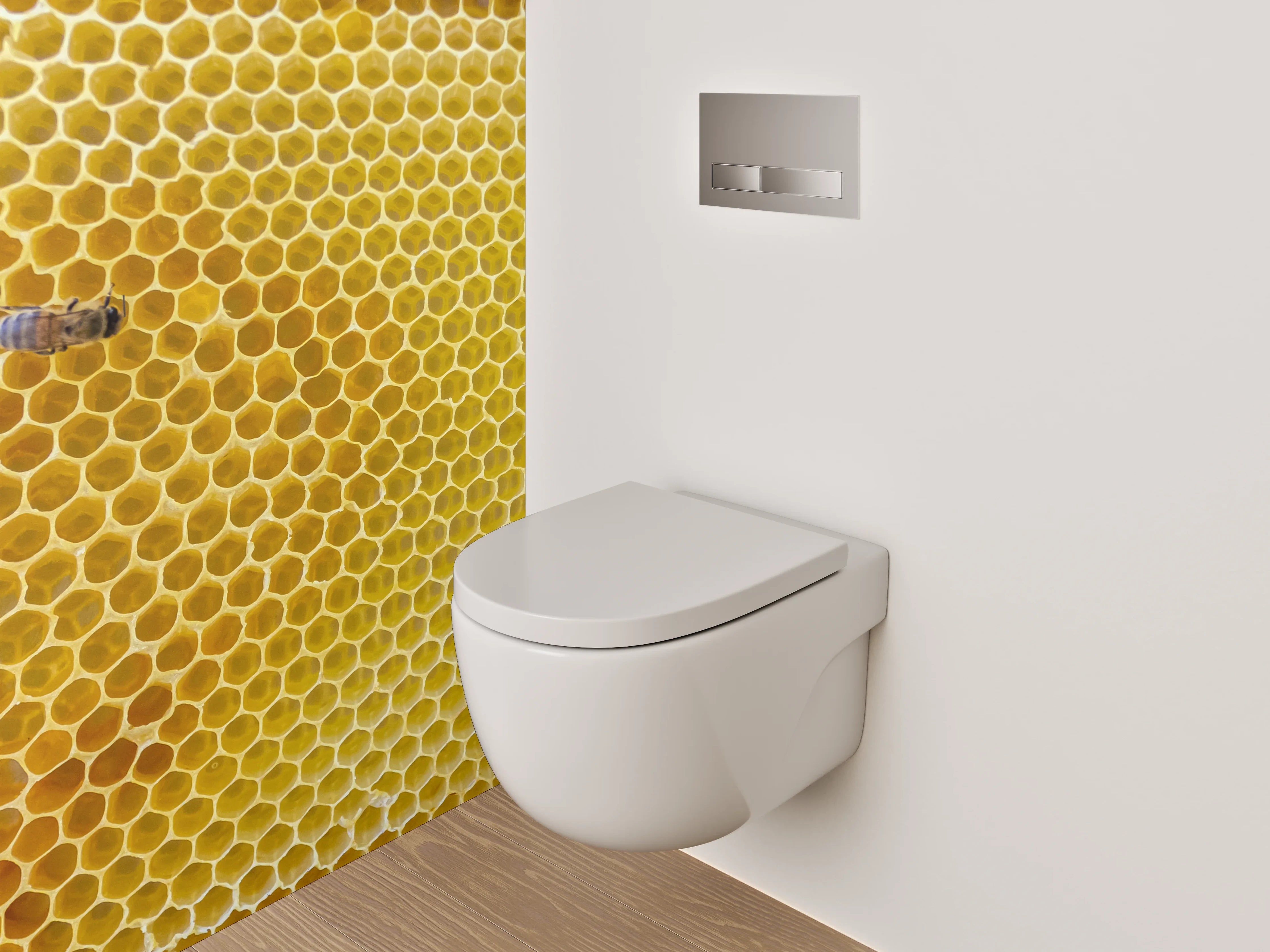 WC-Rückwand - Bienenwabe und Biene Makrofoto