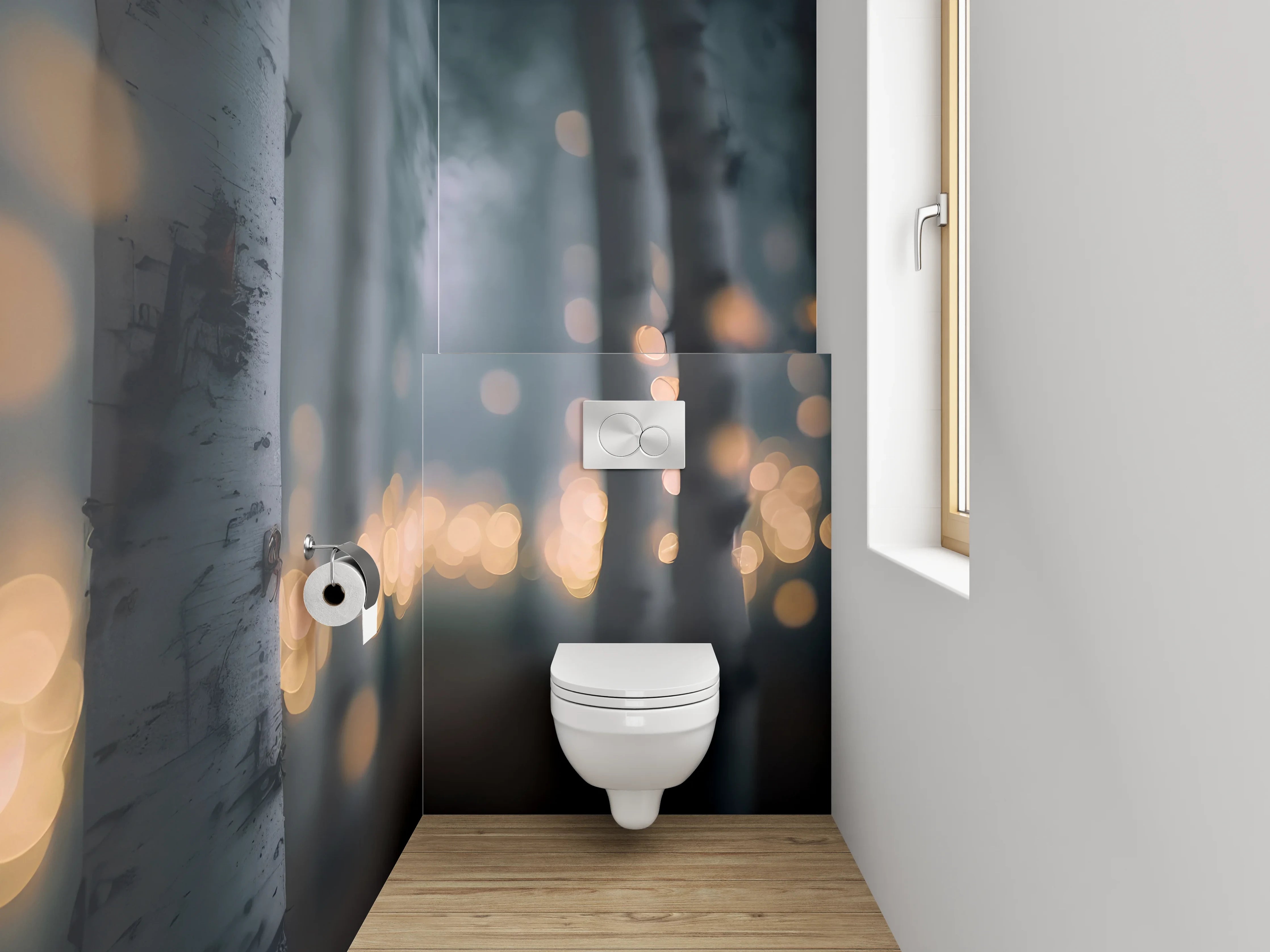 WC-Rückwand - Birkenwald mit Lichterglanz – Mystisch