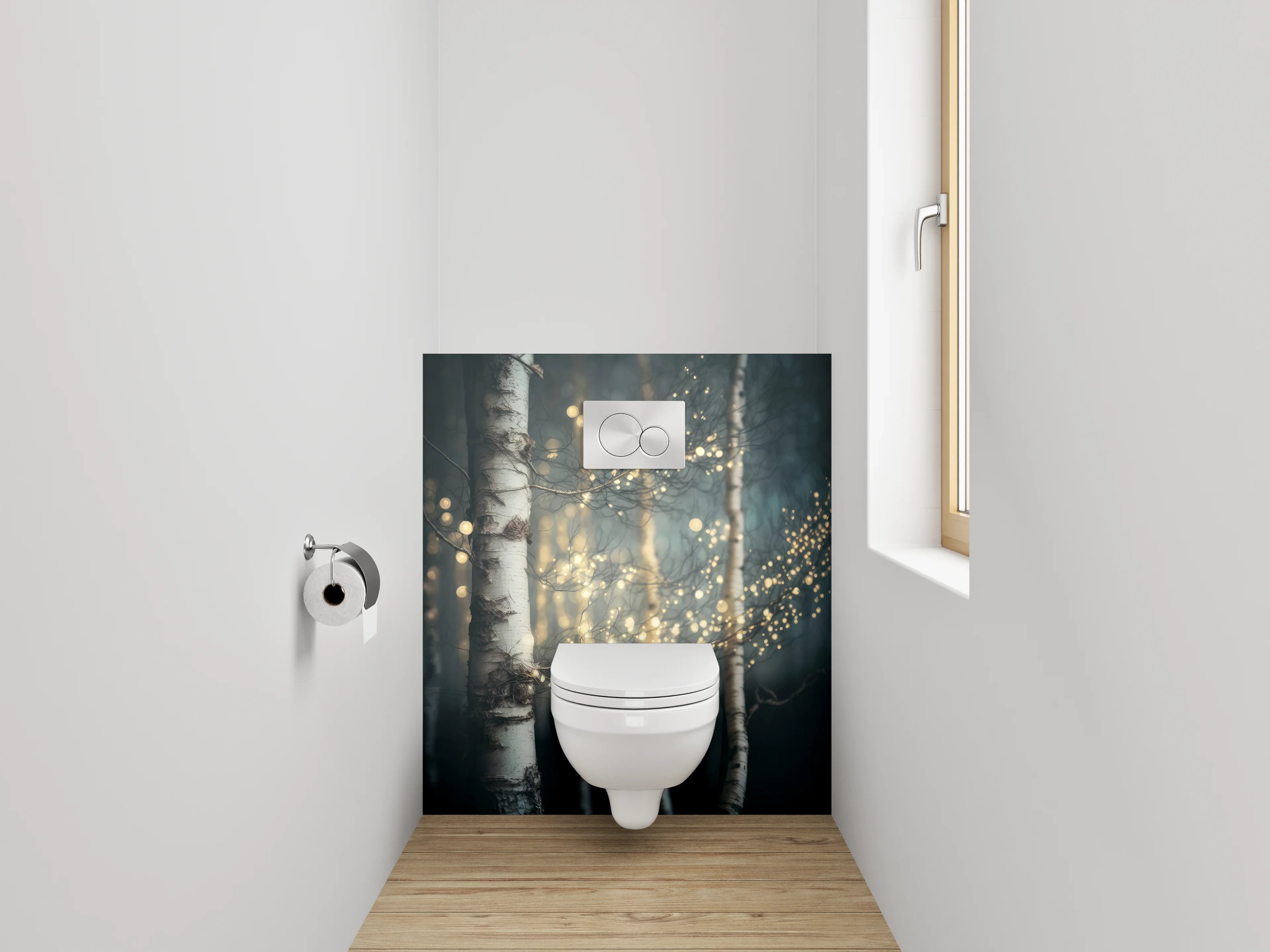 WC-Rückwand - Birkenwald mit Lichterzauber