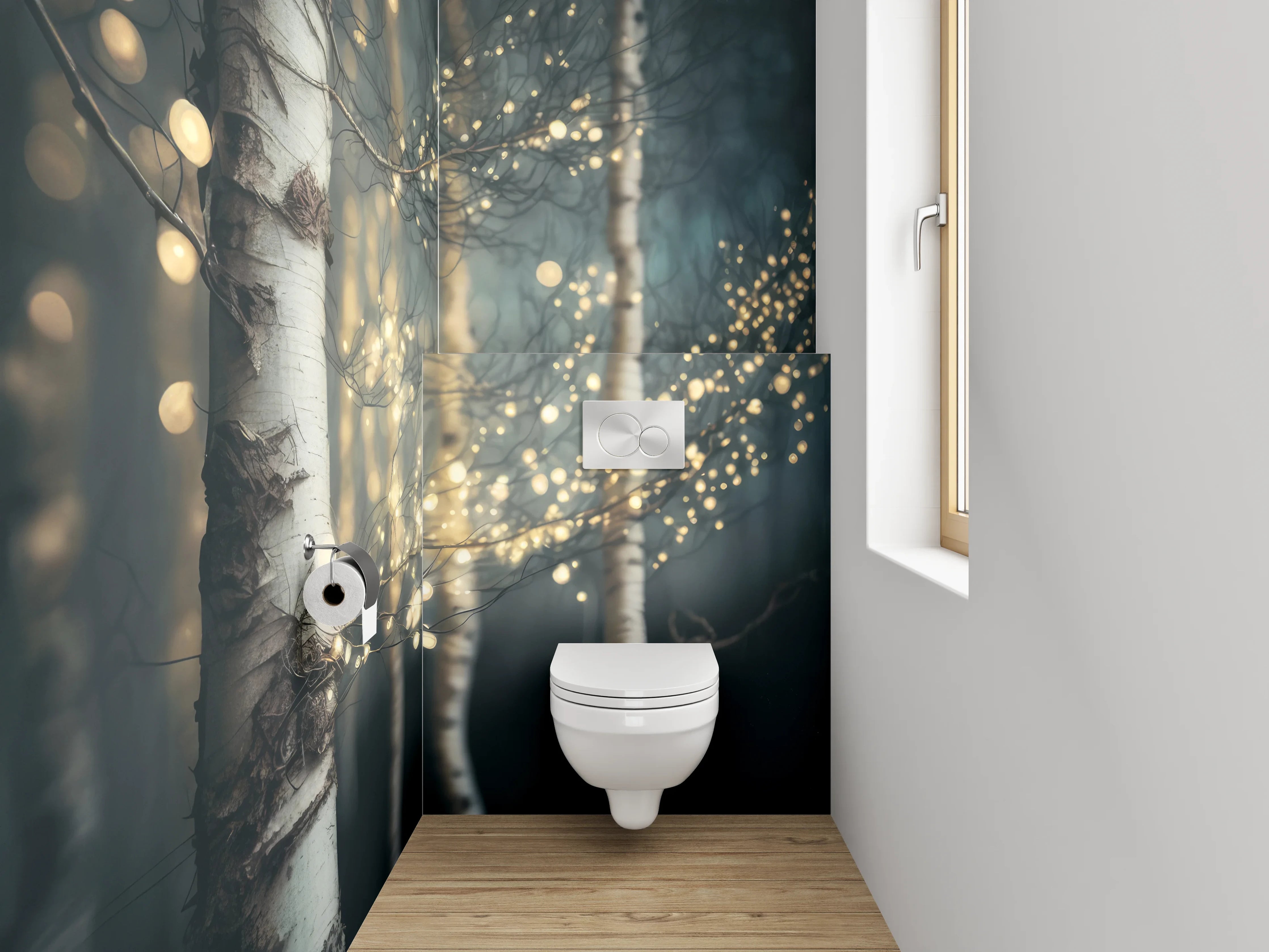 WC-Rückwand - Birkenwald mit Lichterzauber