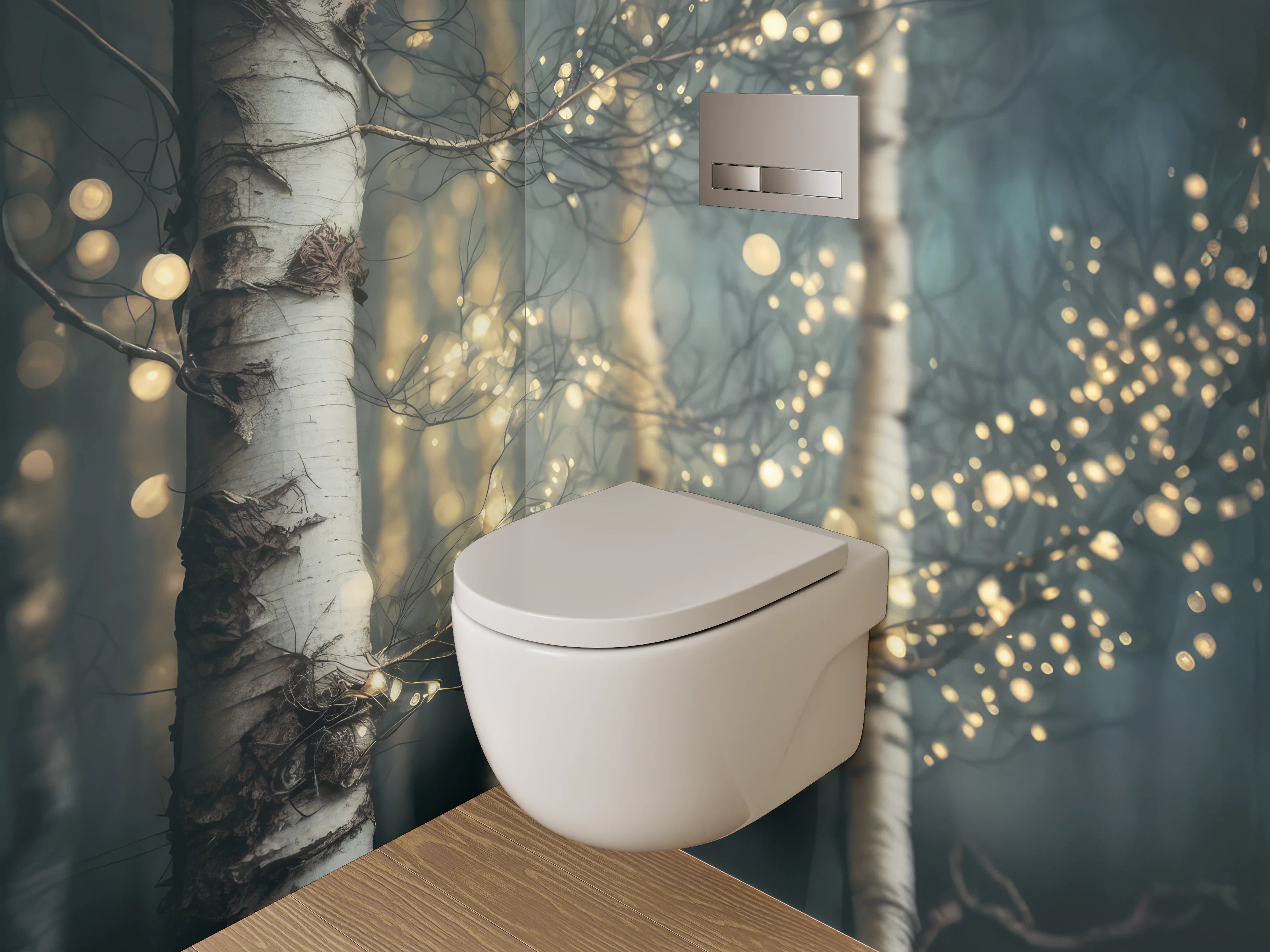WC-Rückwand - Birkenwald mit Lichterzauber