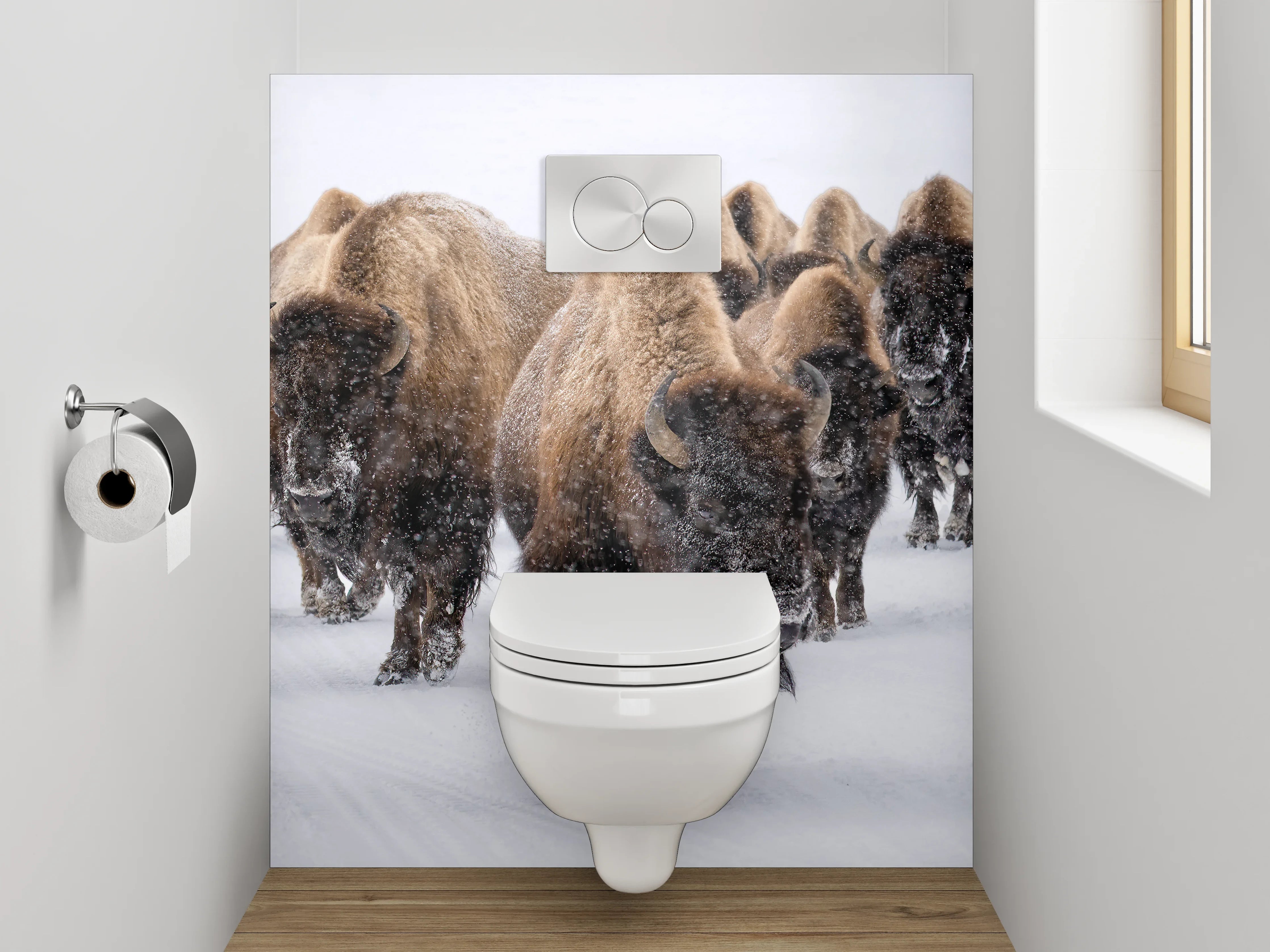 WC-Rückwand - Bisons im Schnee – Natur pur