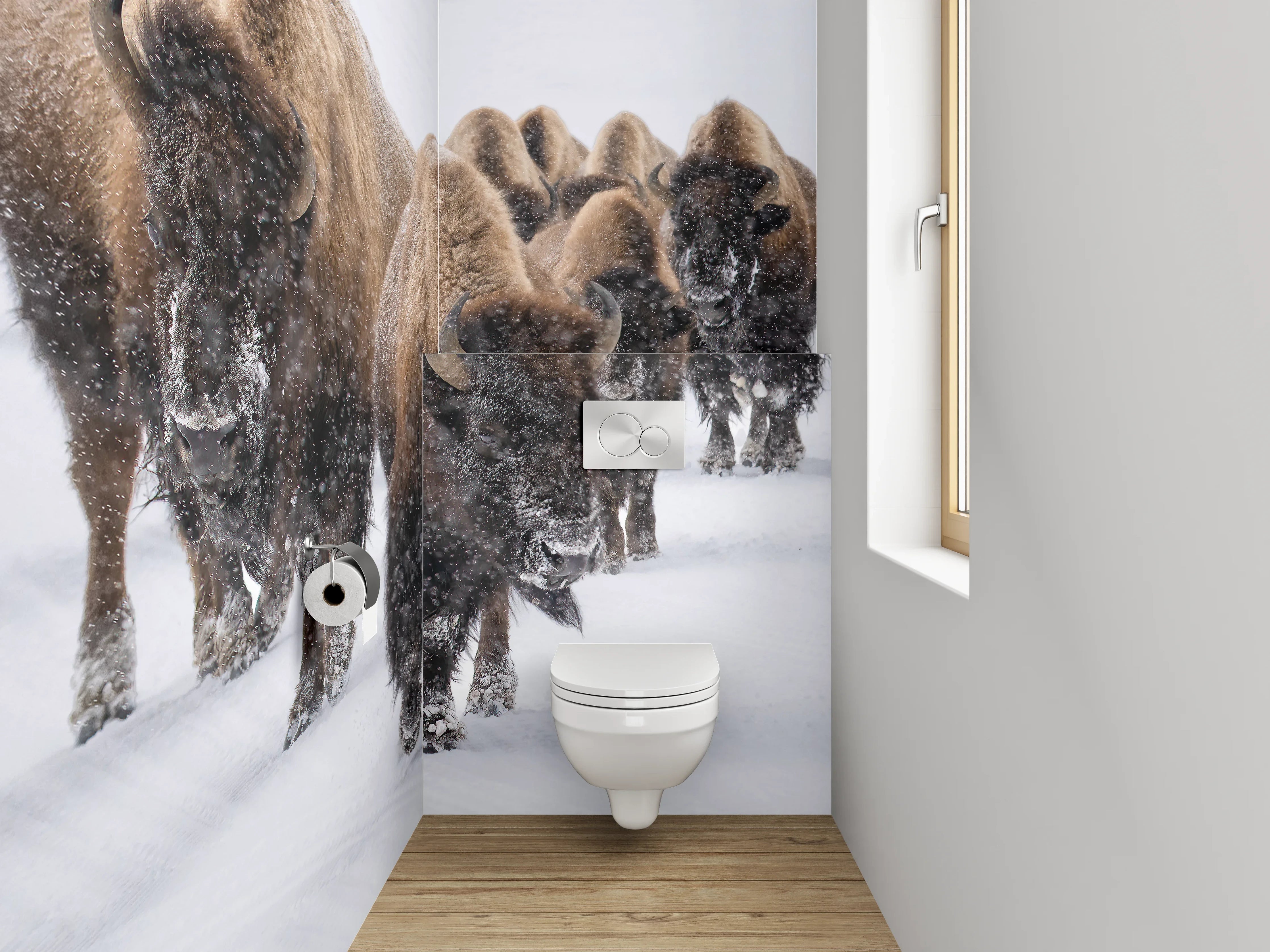 WC-Rückwand - Bisons im Schnee – Natur pur
