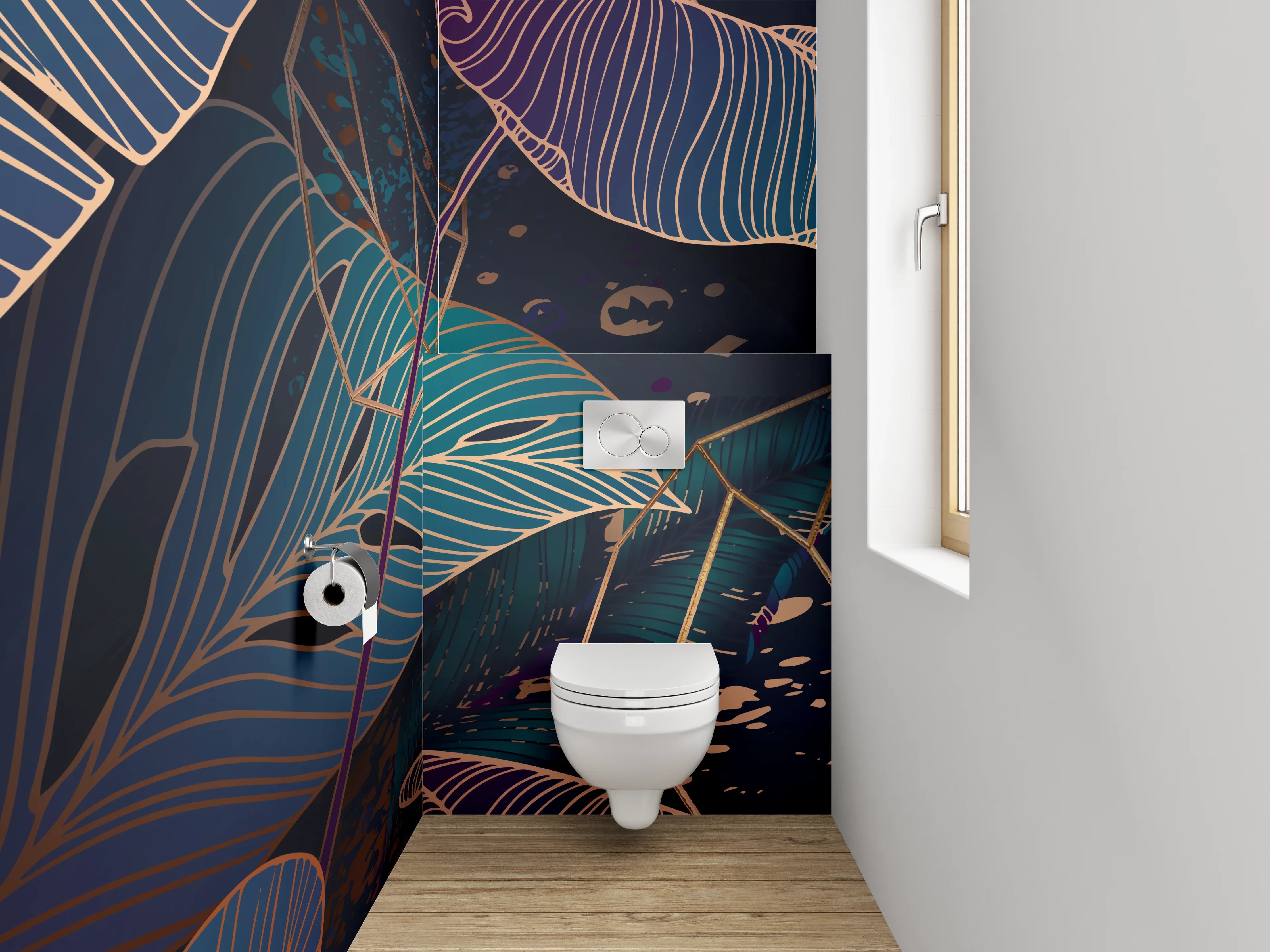 WC-Rückwand - Blätter Lineart Dschungelmotiv Blau Lila