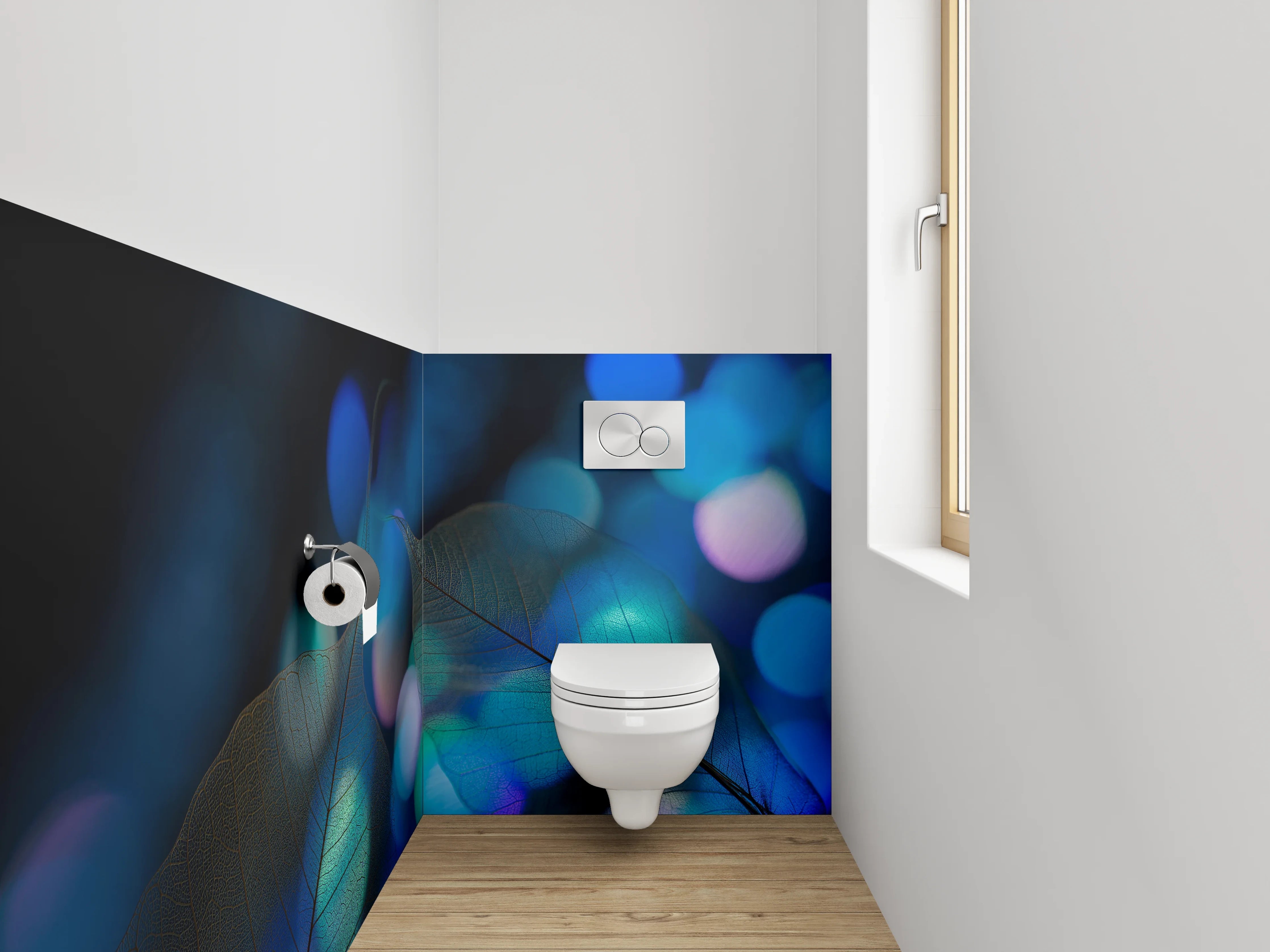 WC-Rückwand - Blätter und Bokeh in Blau – Modernes Design