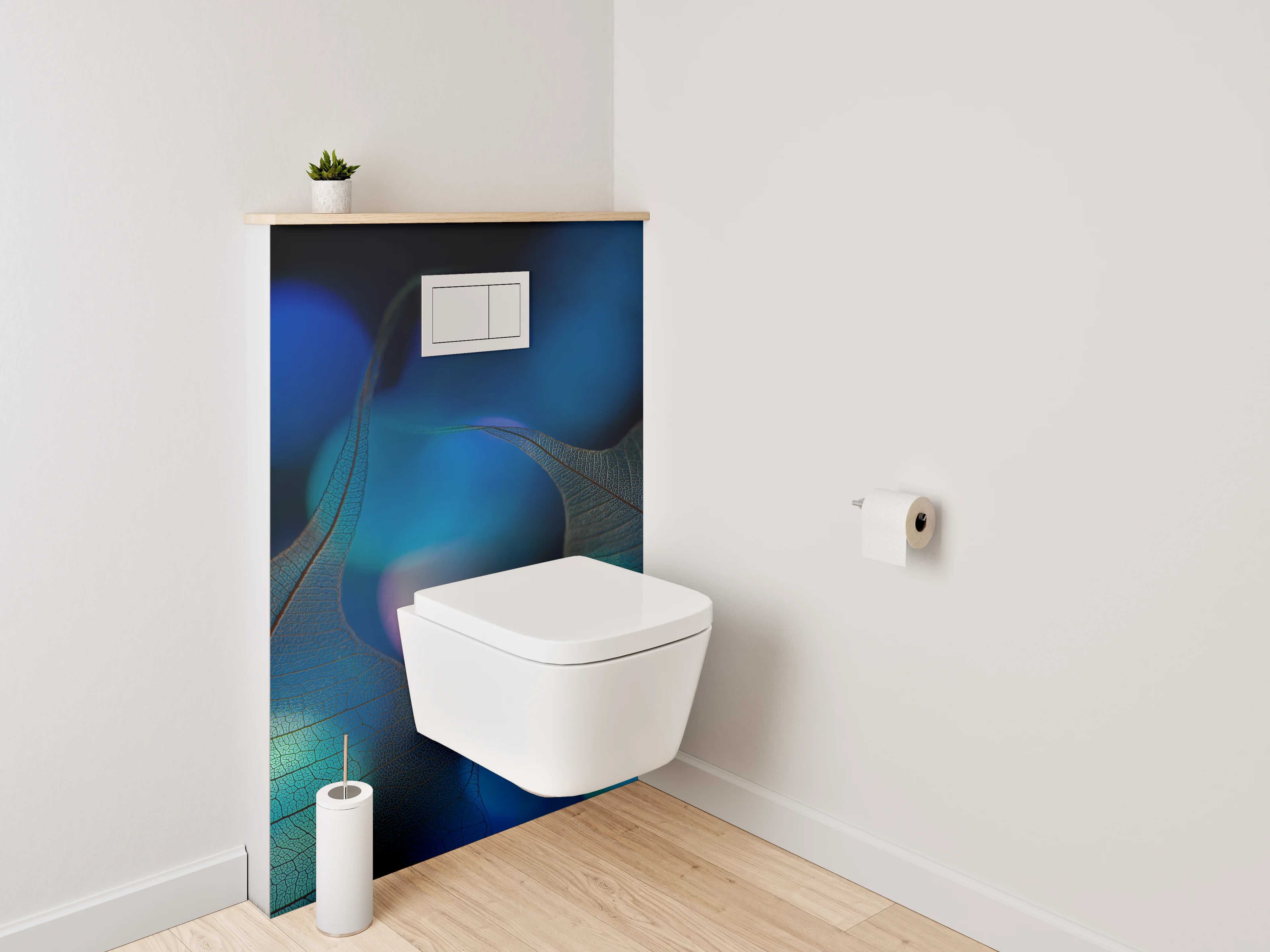 WC-Rückwand - Blätter und Bokeh in Blau – Modernes Design