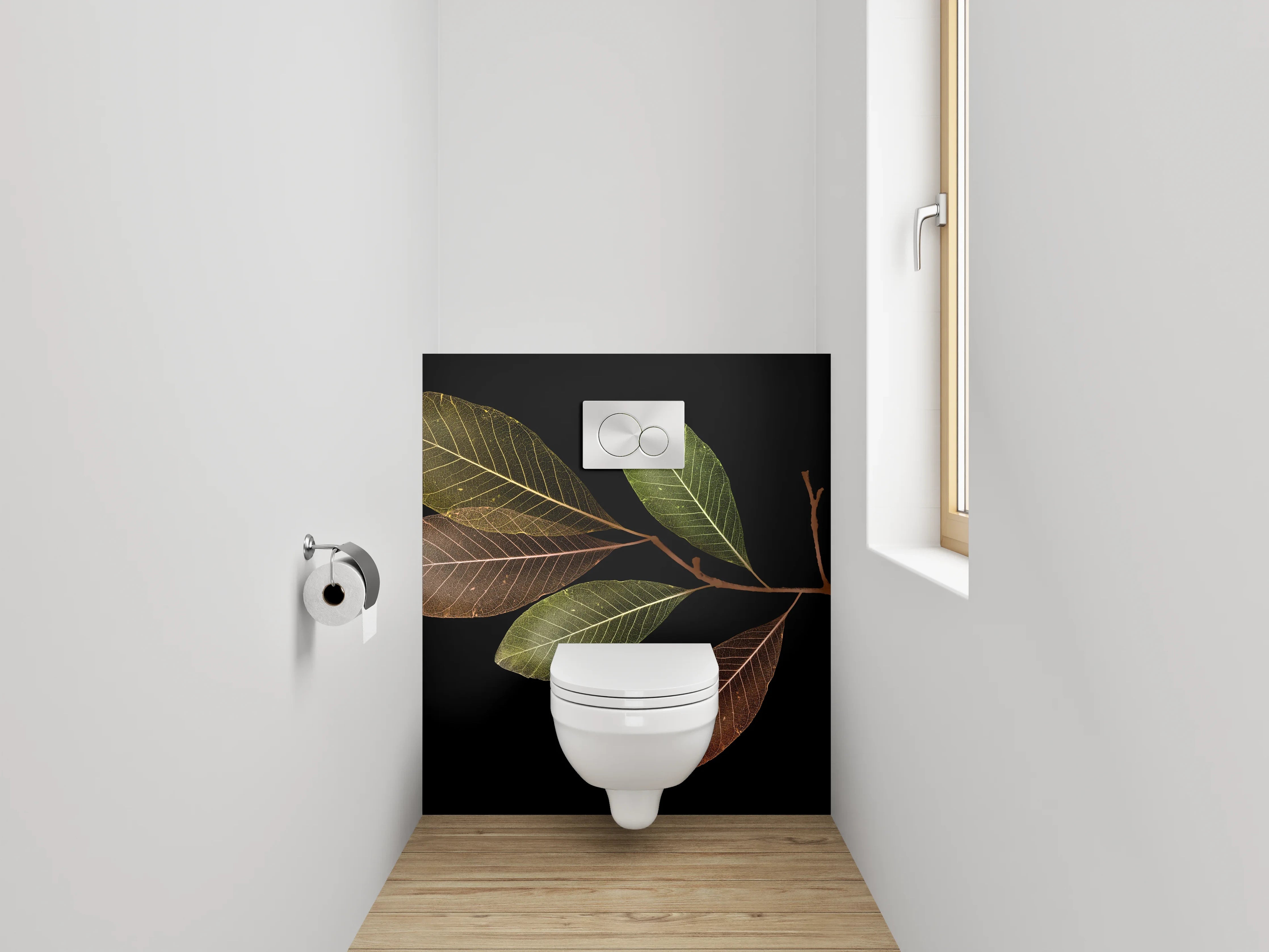 WC-Rückwand - Blätterzweig auf Schwarz Naturdekor