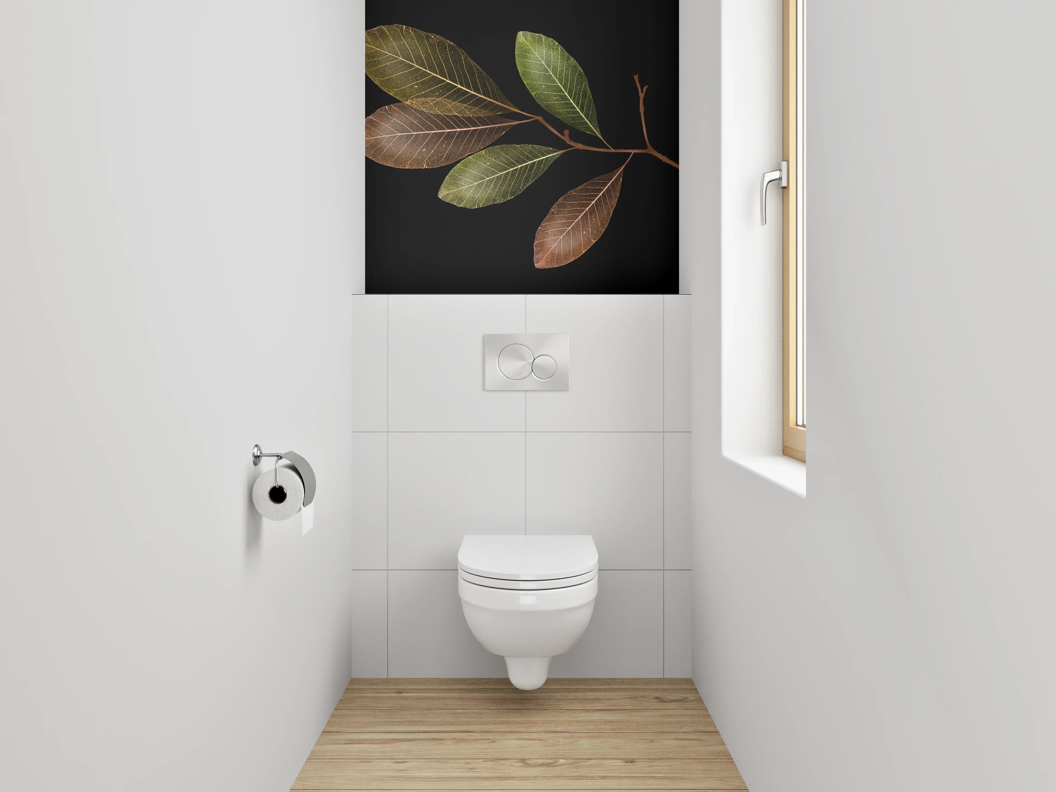 WC-Rückwand - Blätterzweig auf Schwarz Naturdekor