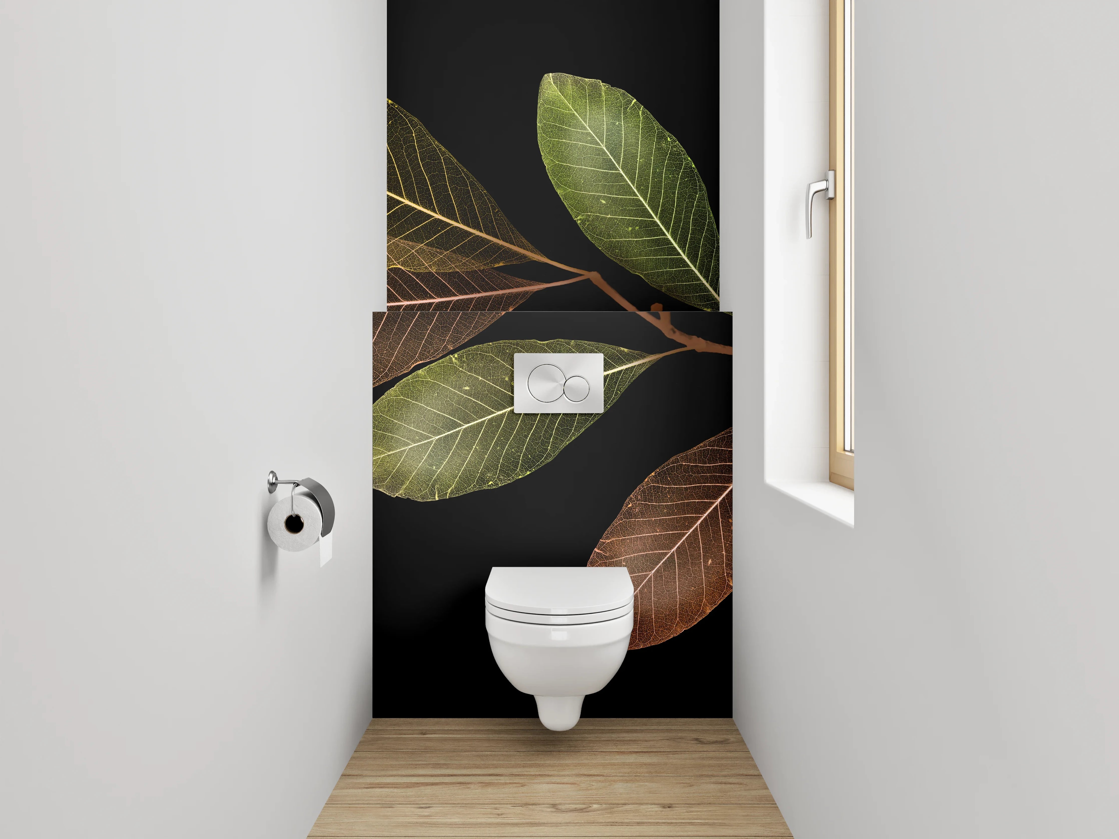 WC-Rückwand - Blätterzweig auf Schwarz Naturdekor