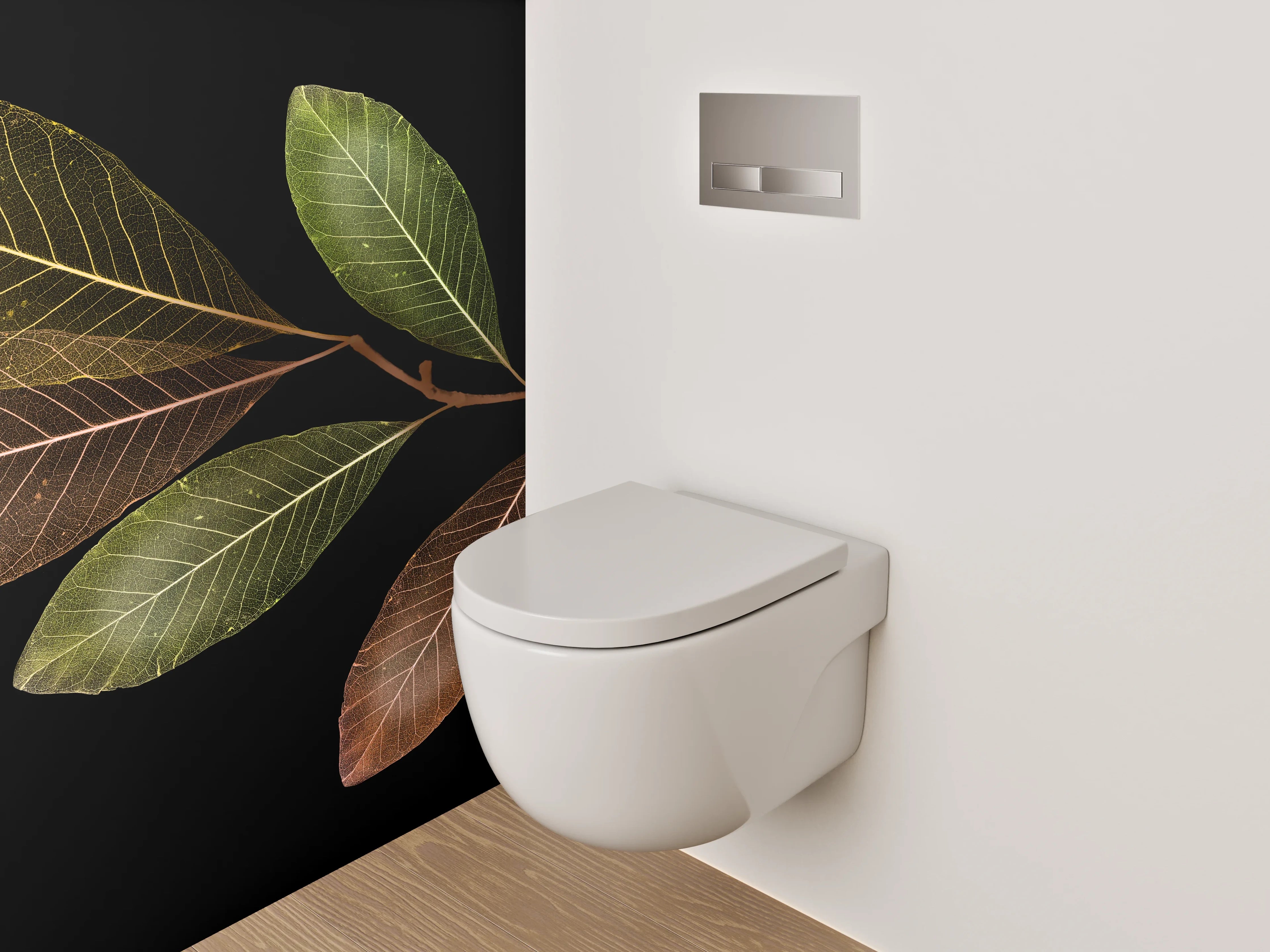 WC-Rückwand - Blätterzweig auf Schwarz Naturdekor