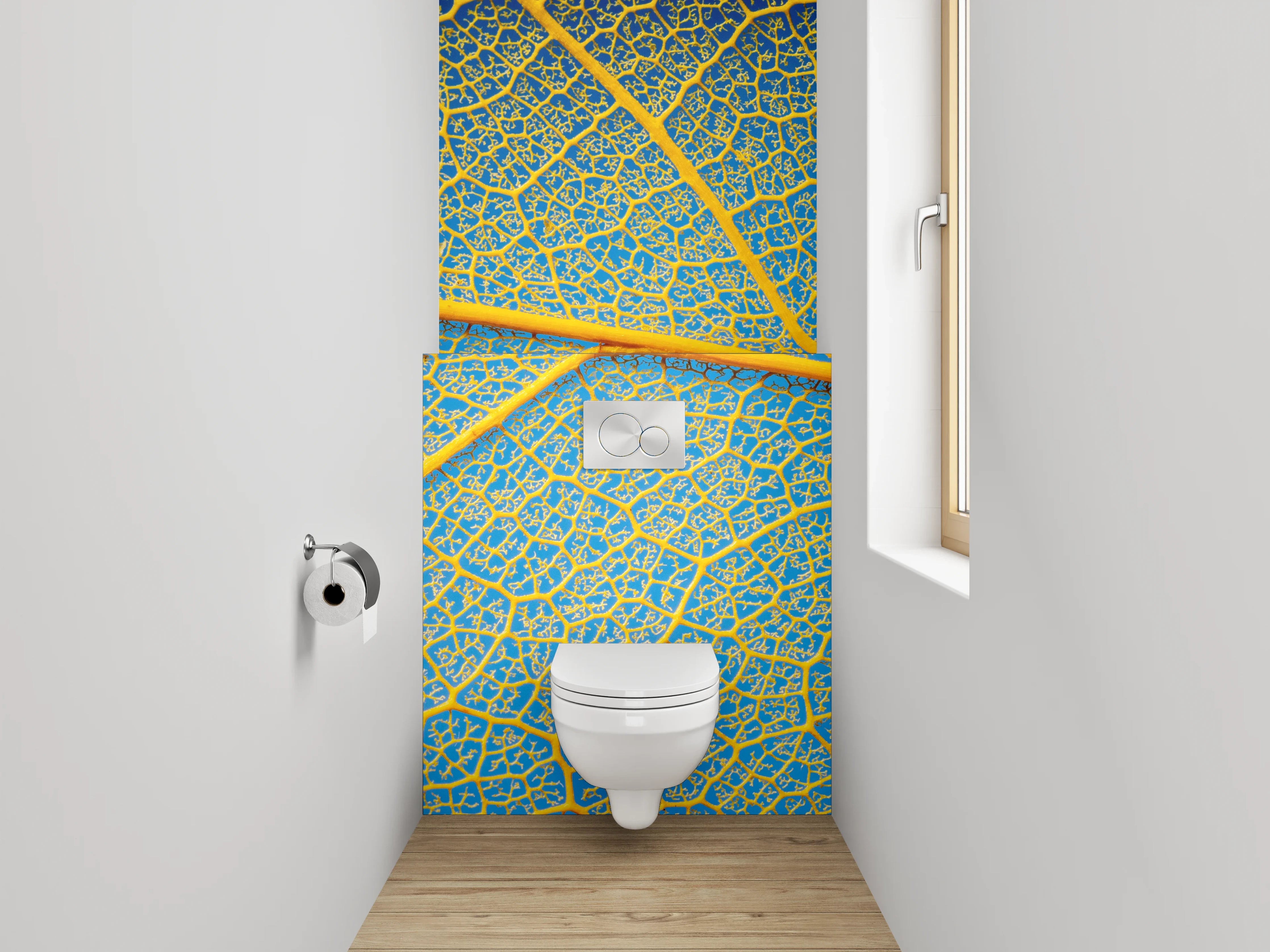 WC-Rückwand - Blattadern in Gelb und Blau