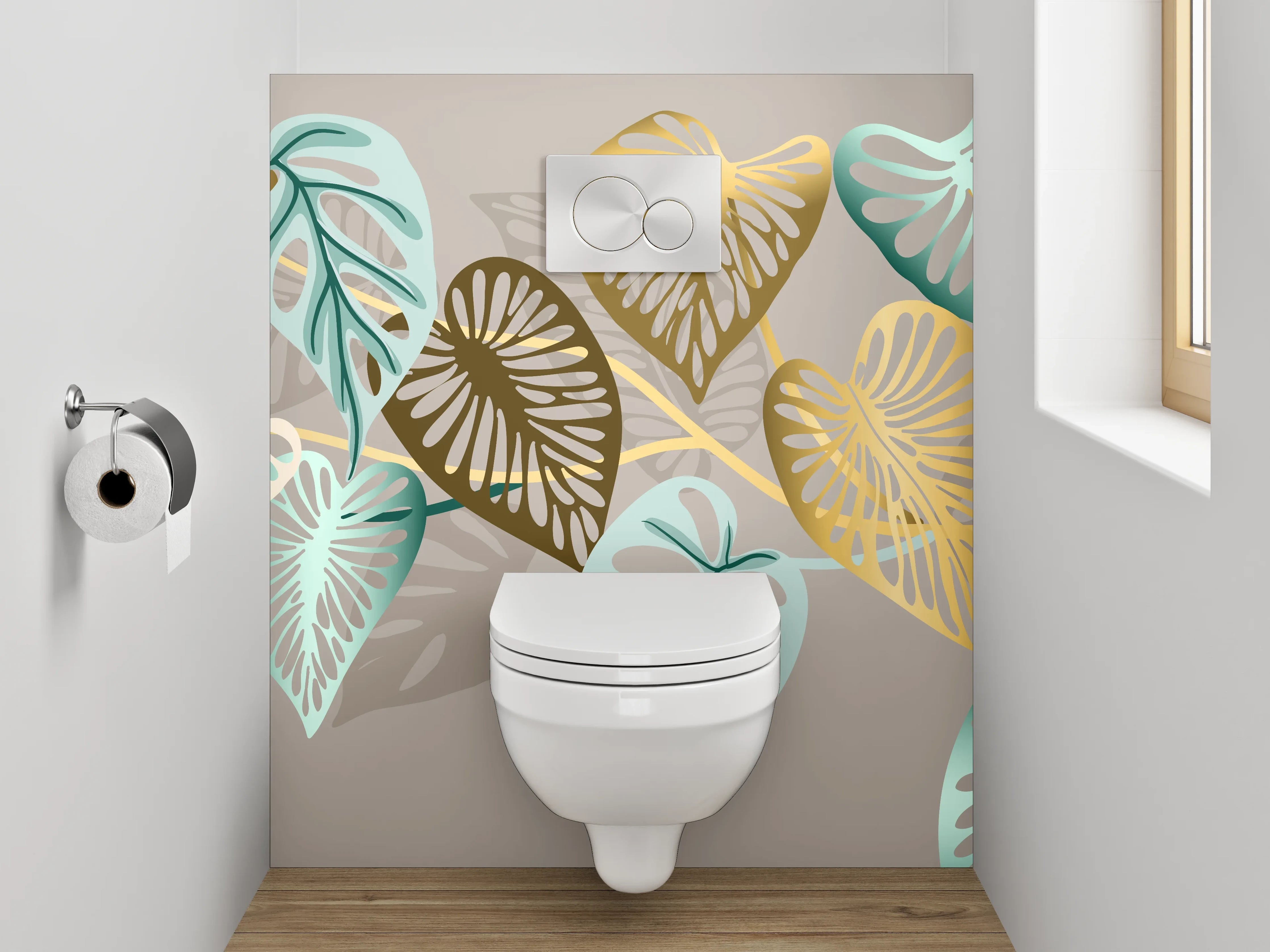 WC-Rückwand - Blattmuster Gold Türkis Beige