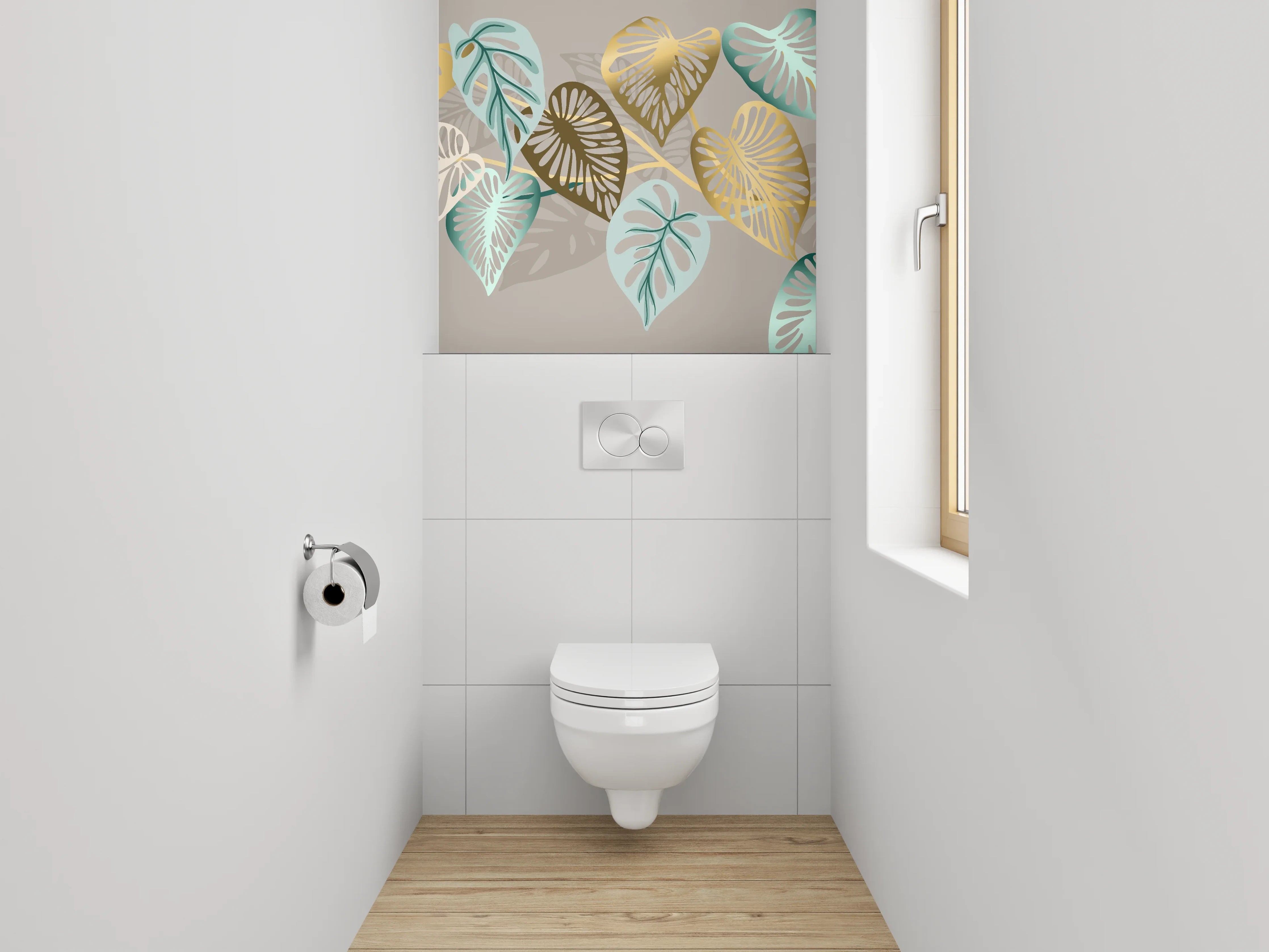 WC-Rückwand - Blattmuster Gold Türkis Beige