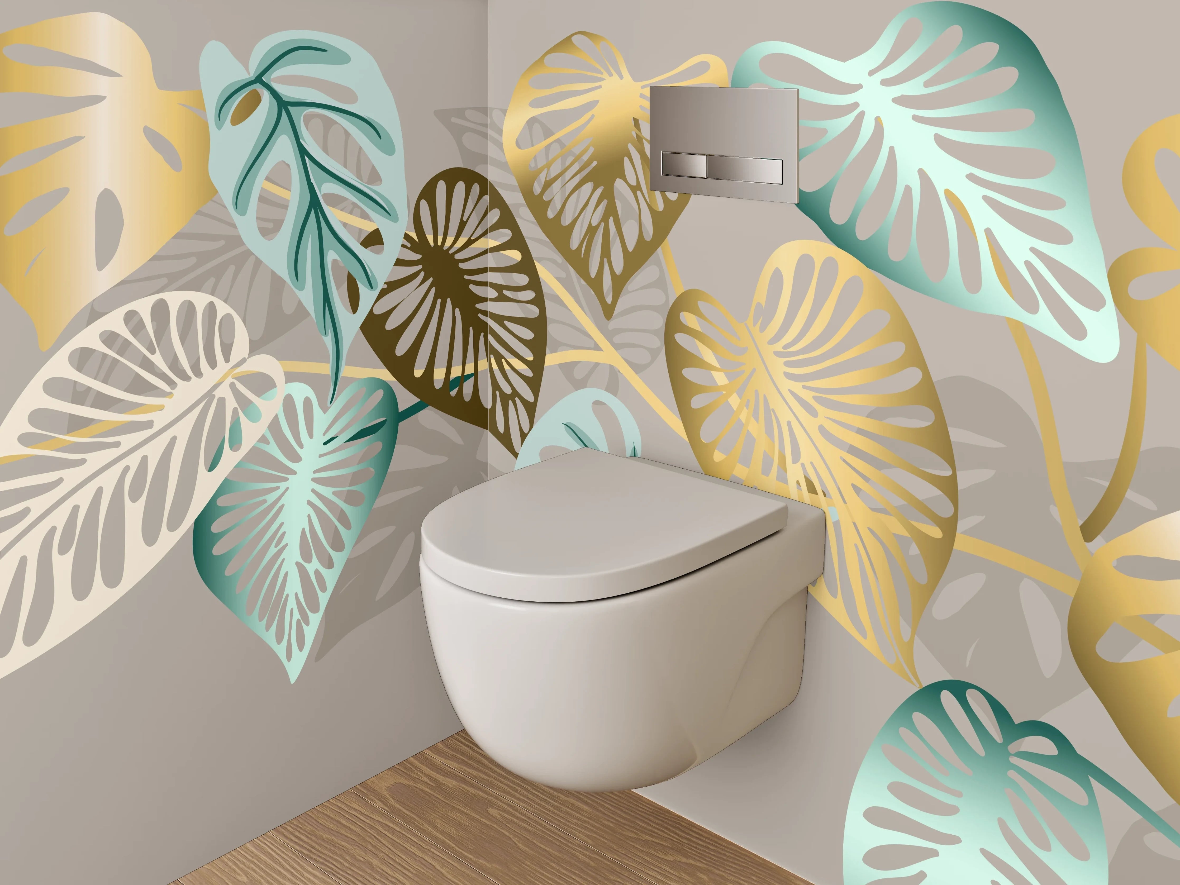 WC-Rückwand - Blattmuster Gold Türkis Beige