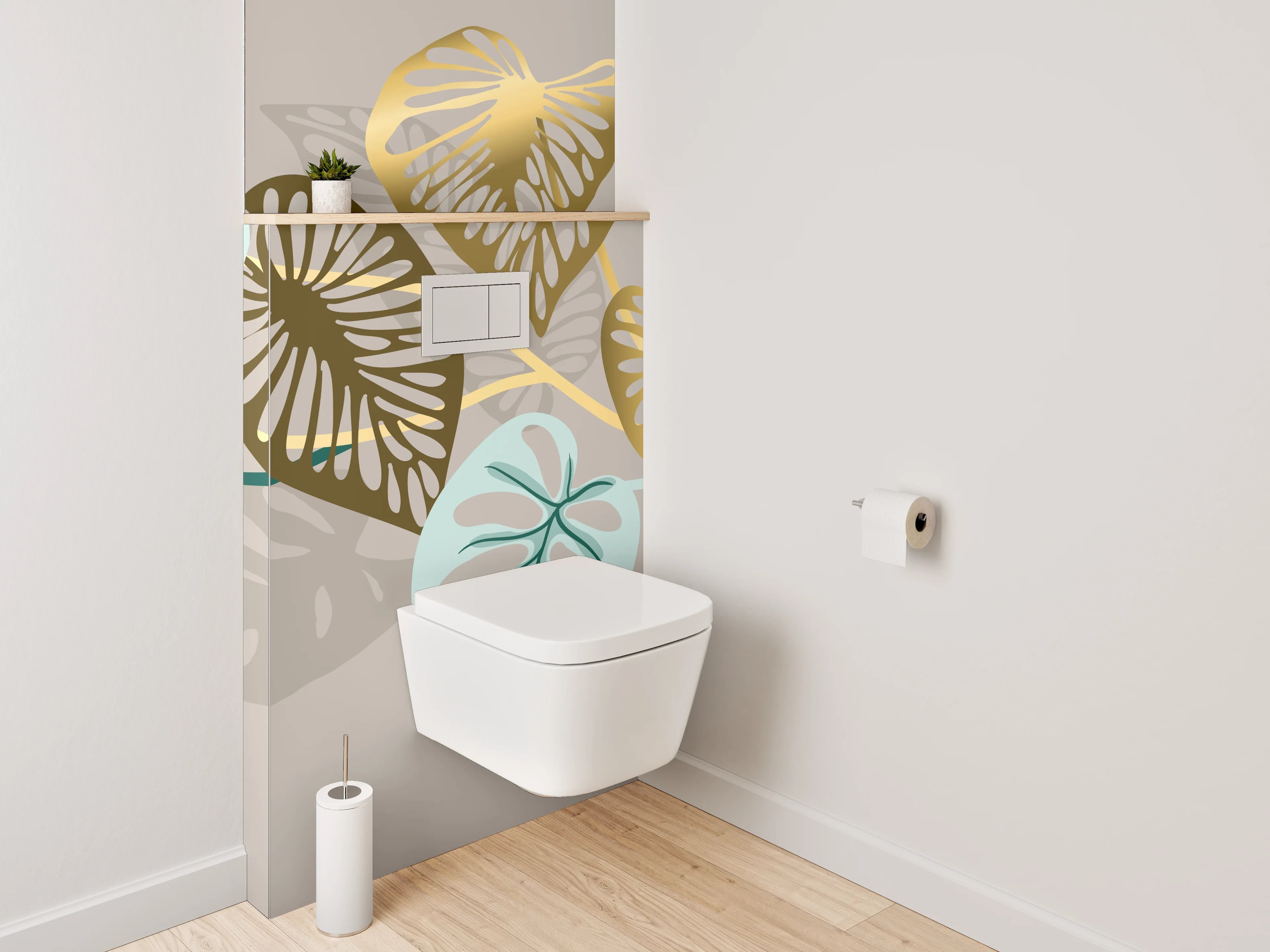 WC-Rückwand - Blattmuster Gold Türkis Beige