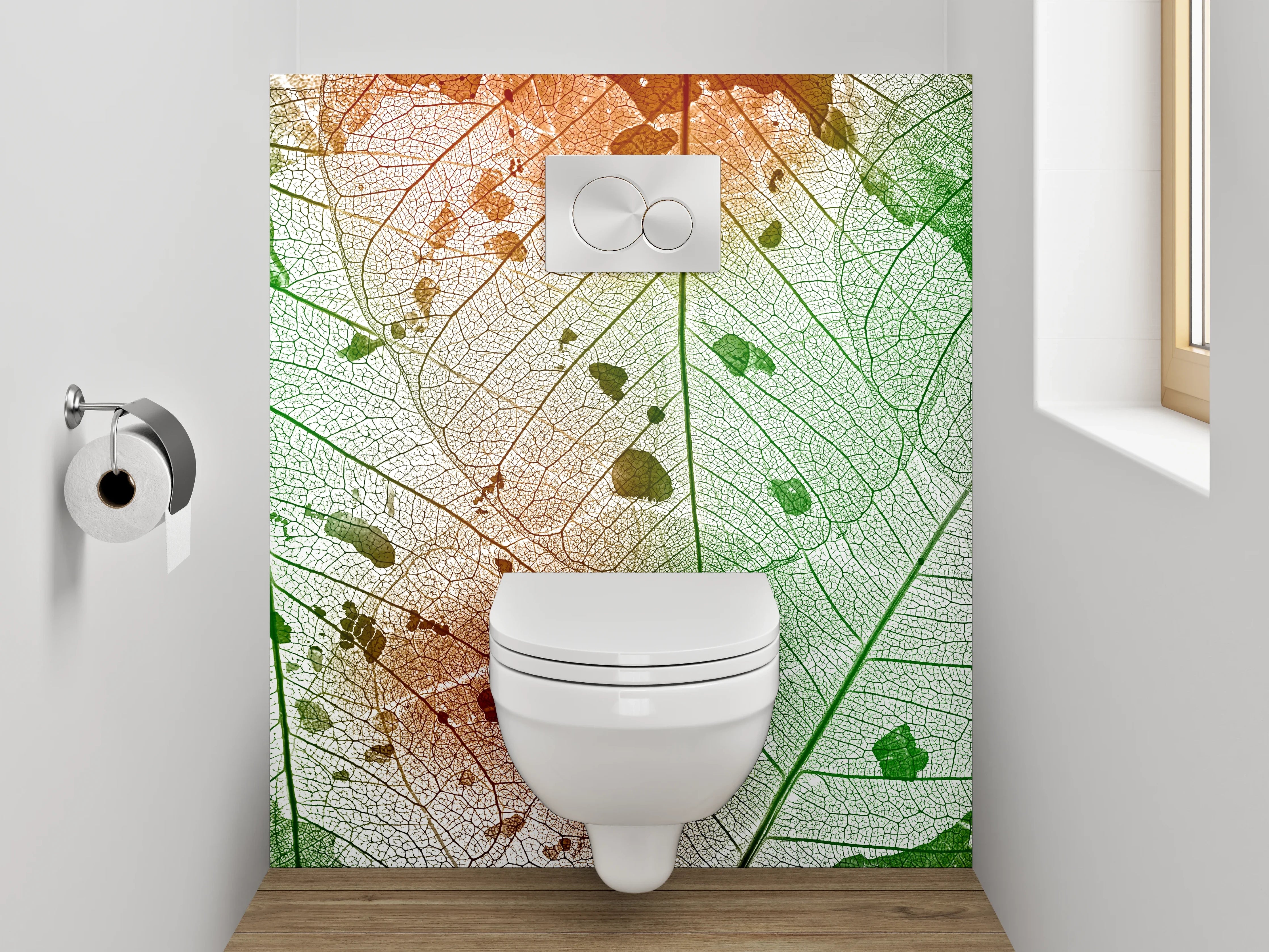 WC-Rückwand - Blattstruktur in Grün-Orange-Aquarell