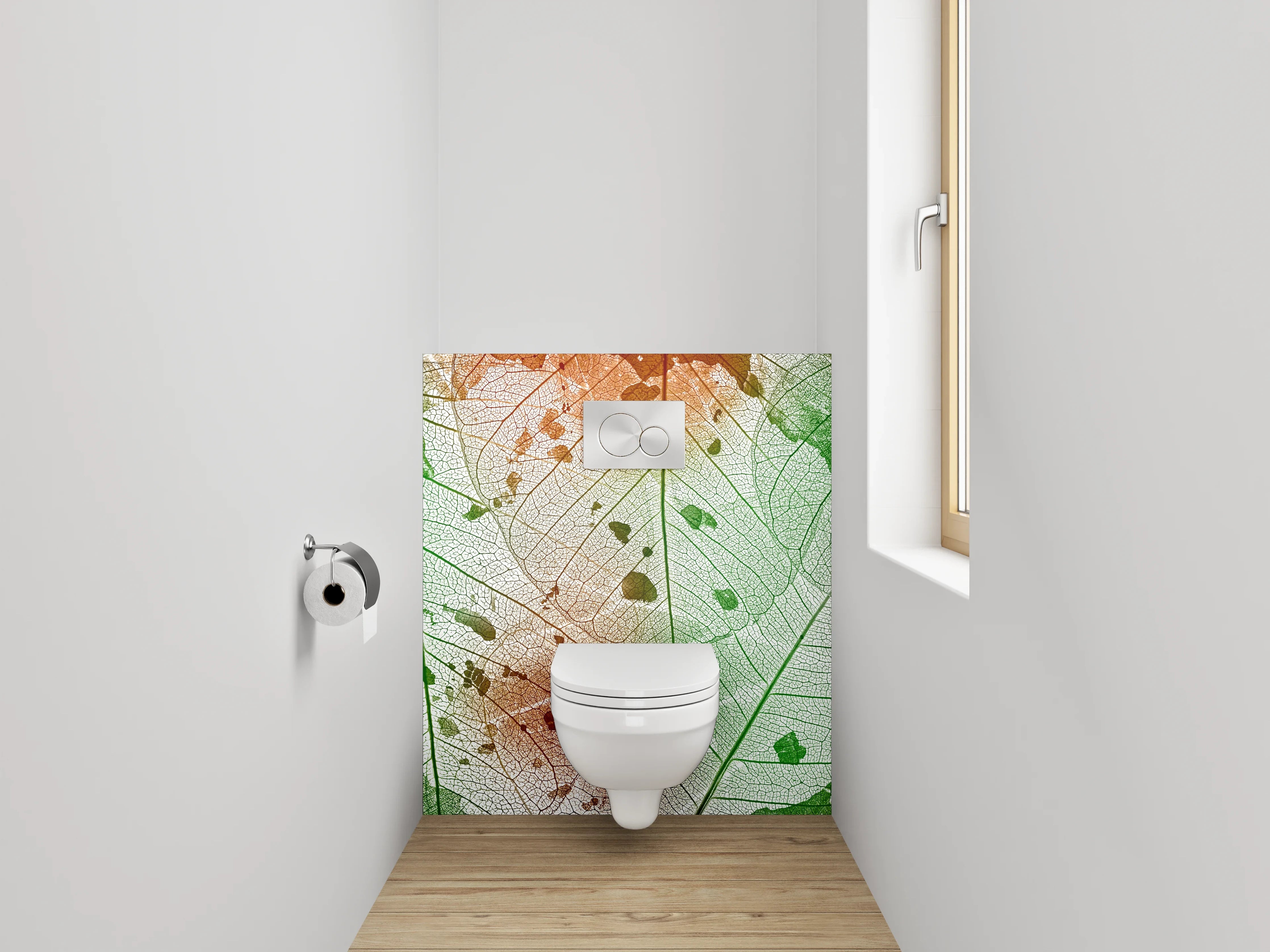 WC-Rückwand - Blattstruktur in Grün-Orange-Aquarell