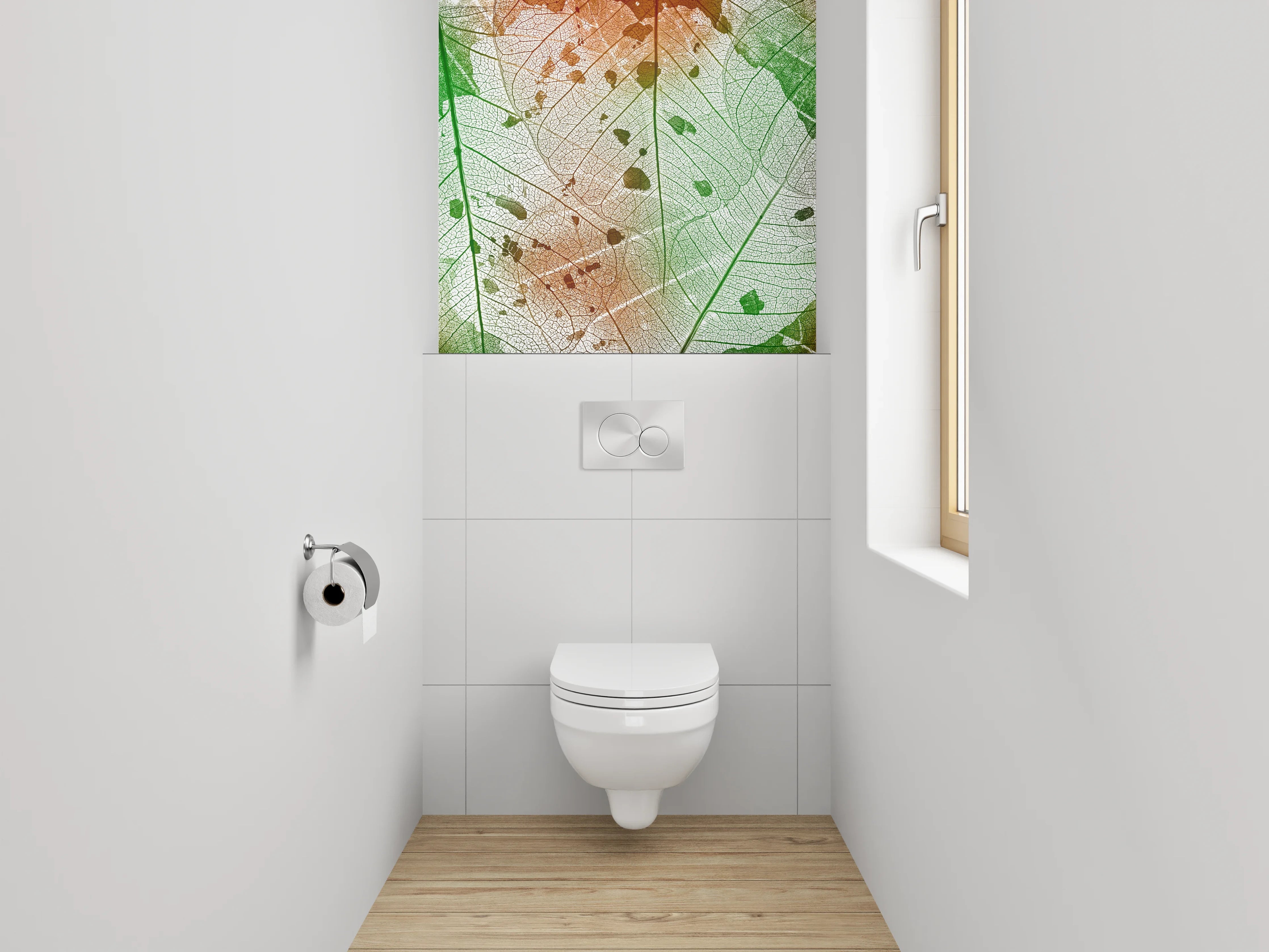 WC-Rückwand - Blattstruktur in Grün-Orange-Aquarell