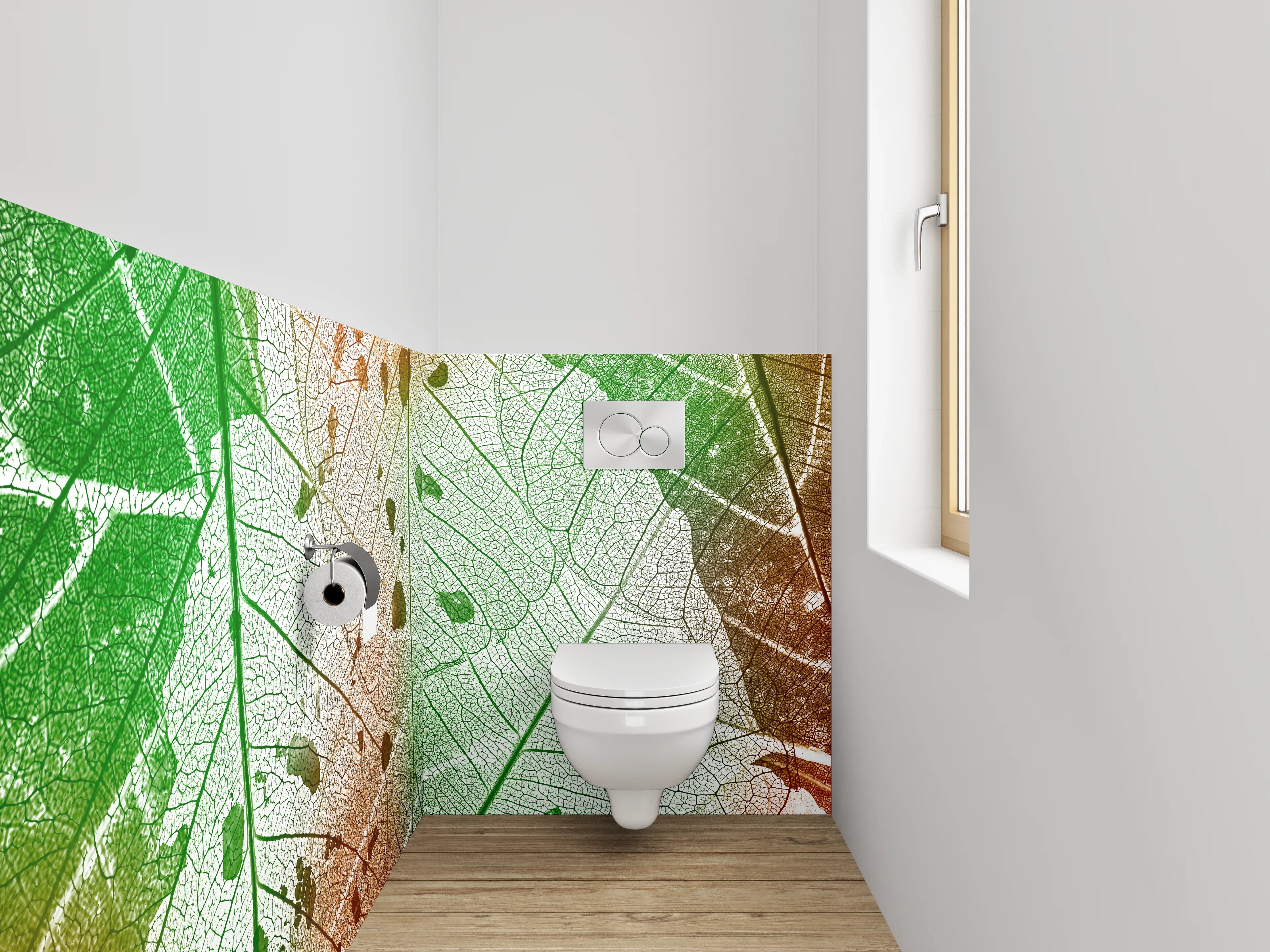 WC-Rückwand - Blattstruktur in Grün-Orange-Aquarell