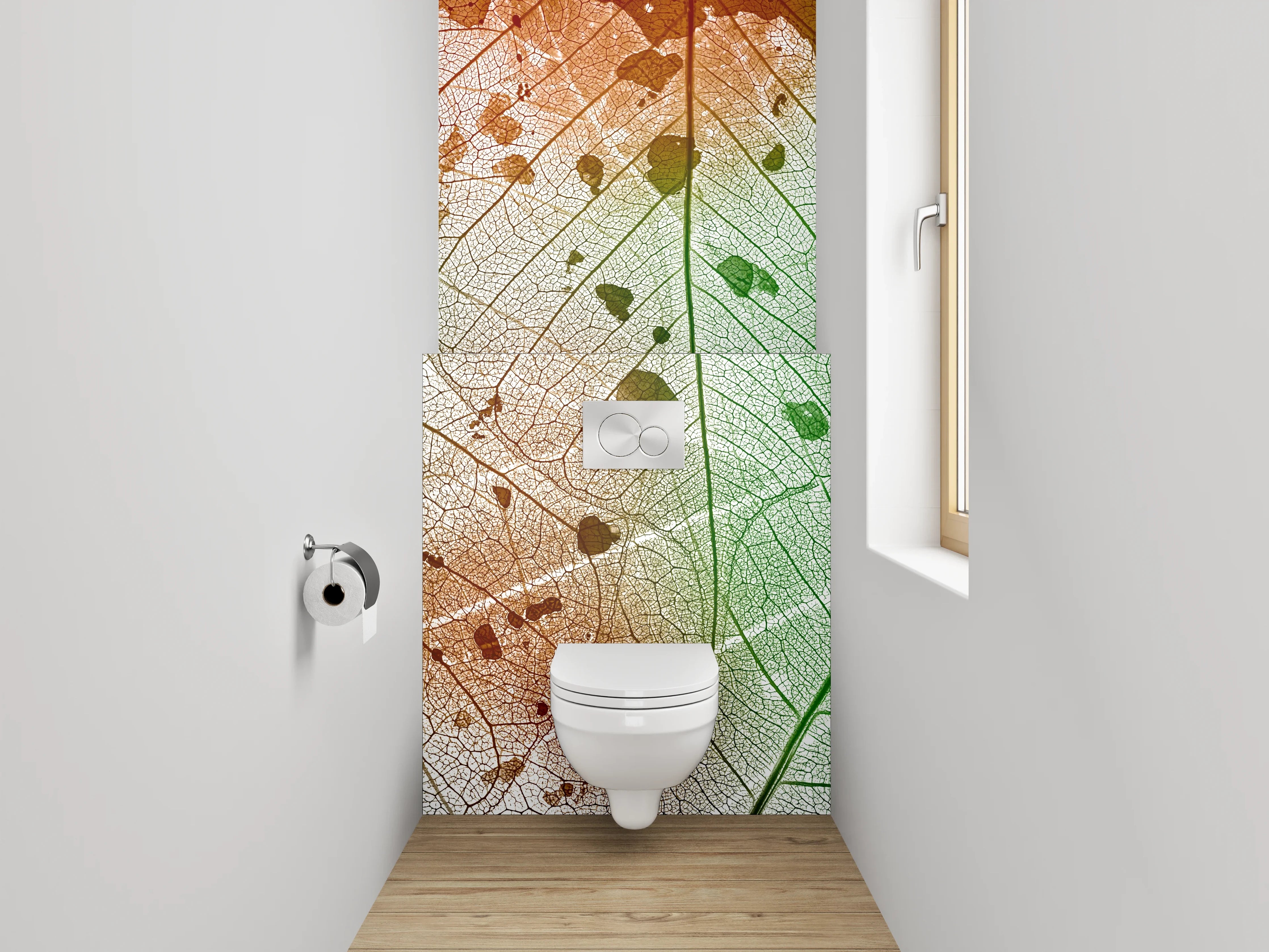 WC-Rückwand - Blattstruktur in Grün-Orange-Aquarell