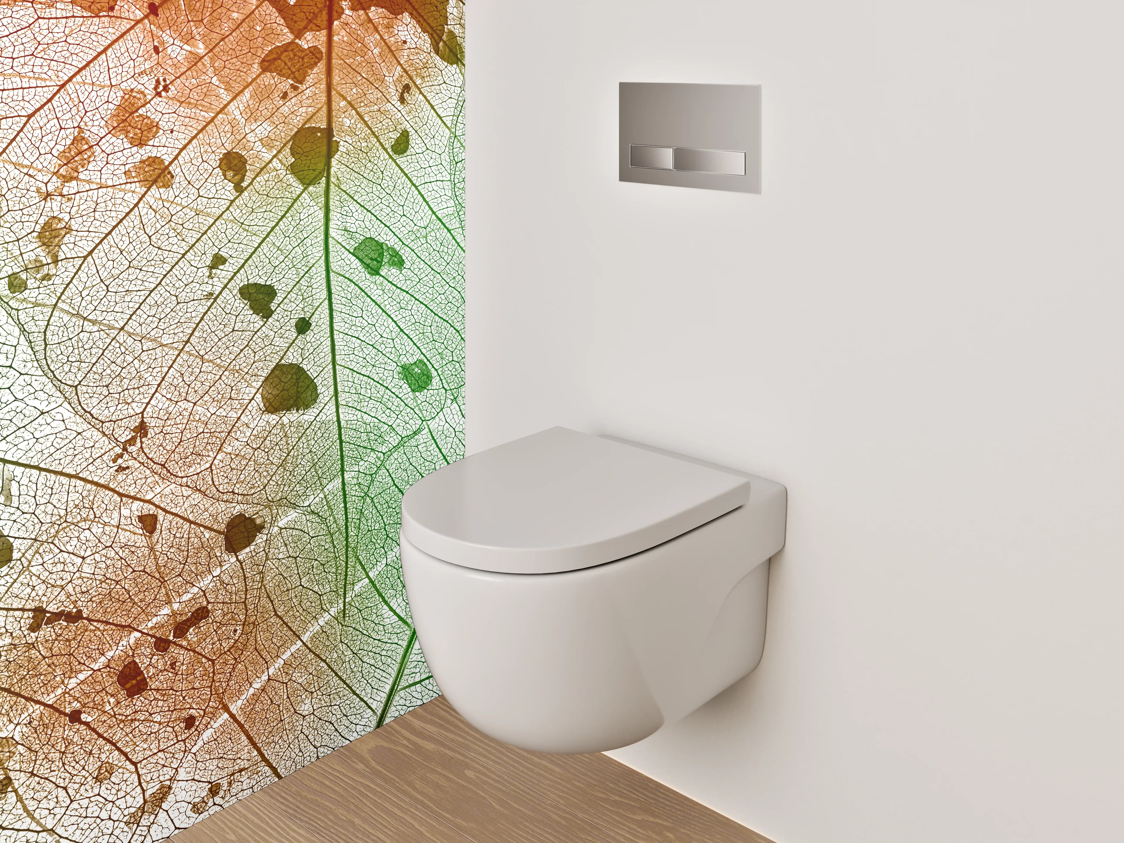 WC-Rückwand - Blattstruktur in Grün-Orange-Aquarell