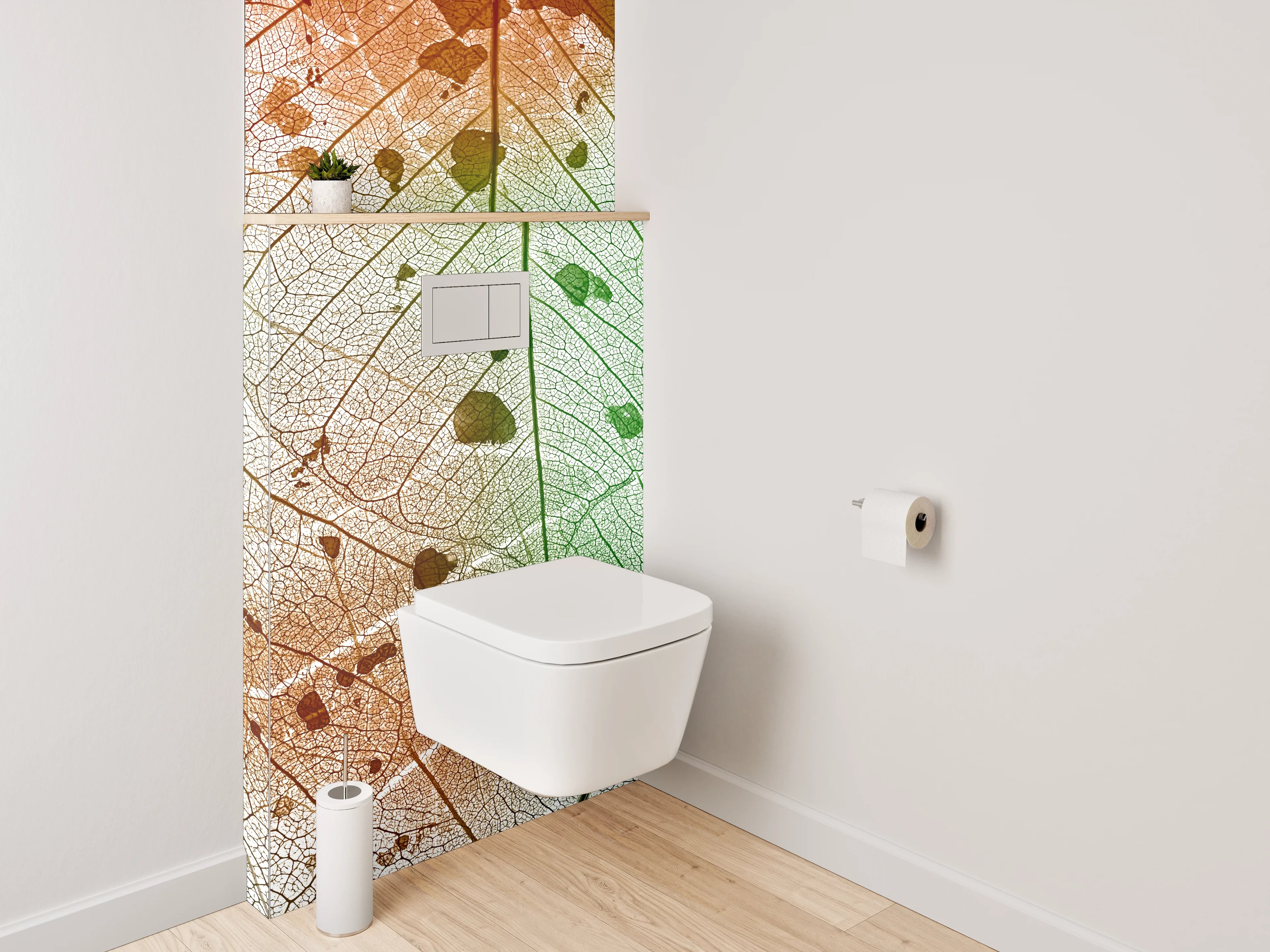 WC-Rückwand - Blattstruktur in Grün-Orange-Aquarell