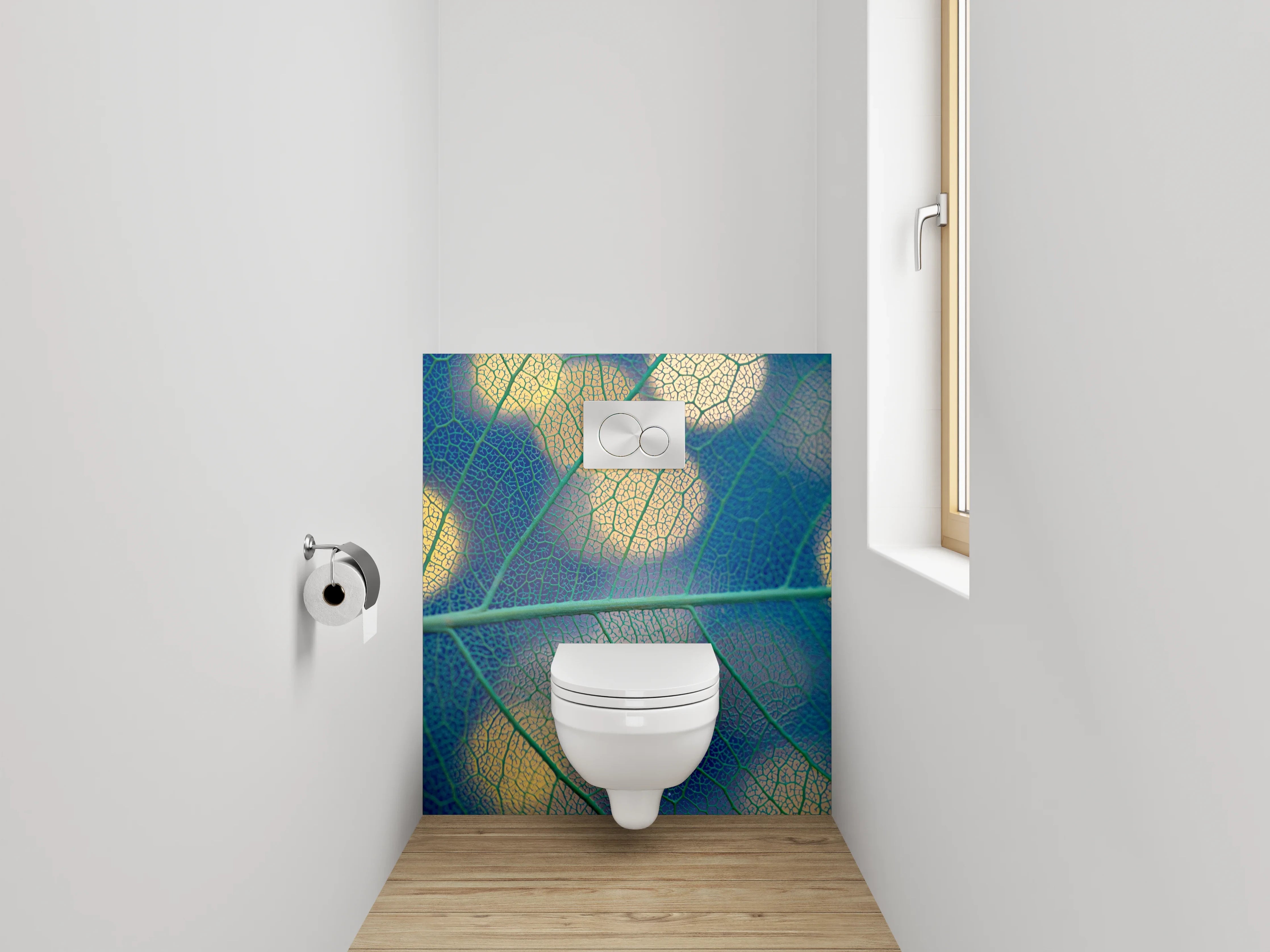 WC-Rückwand - Blattstruktur mit Bokeh-Lichtern