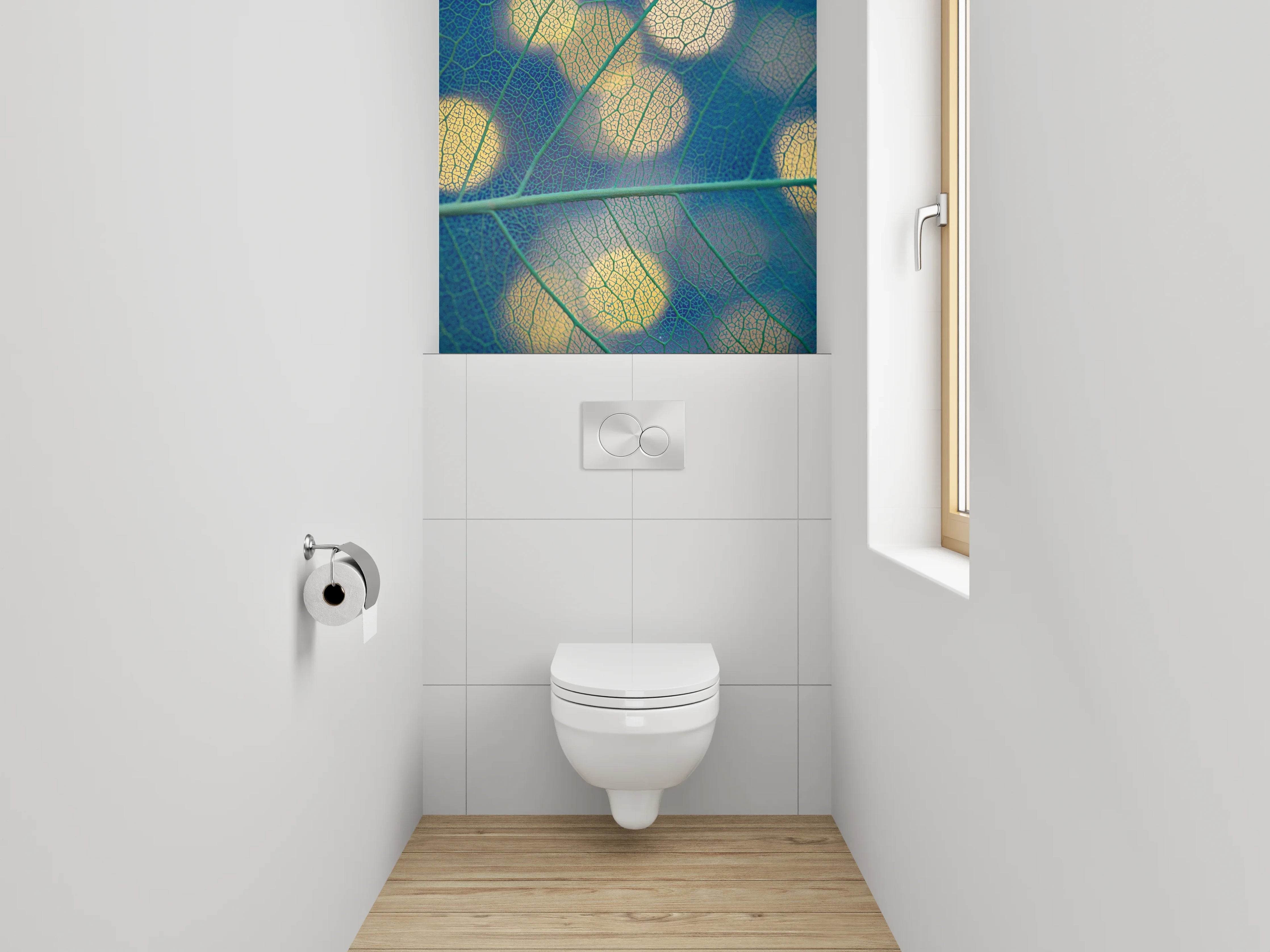 WC-Rückwand - Blattstruktur mit Bokeh-Lichtern