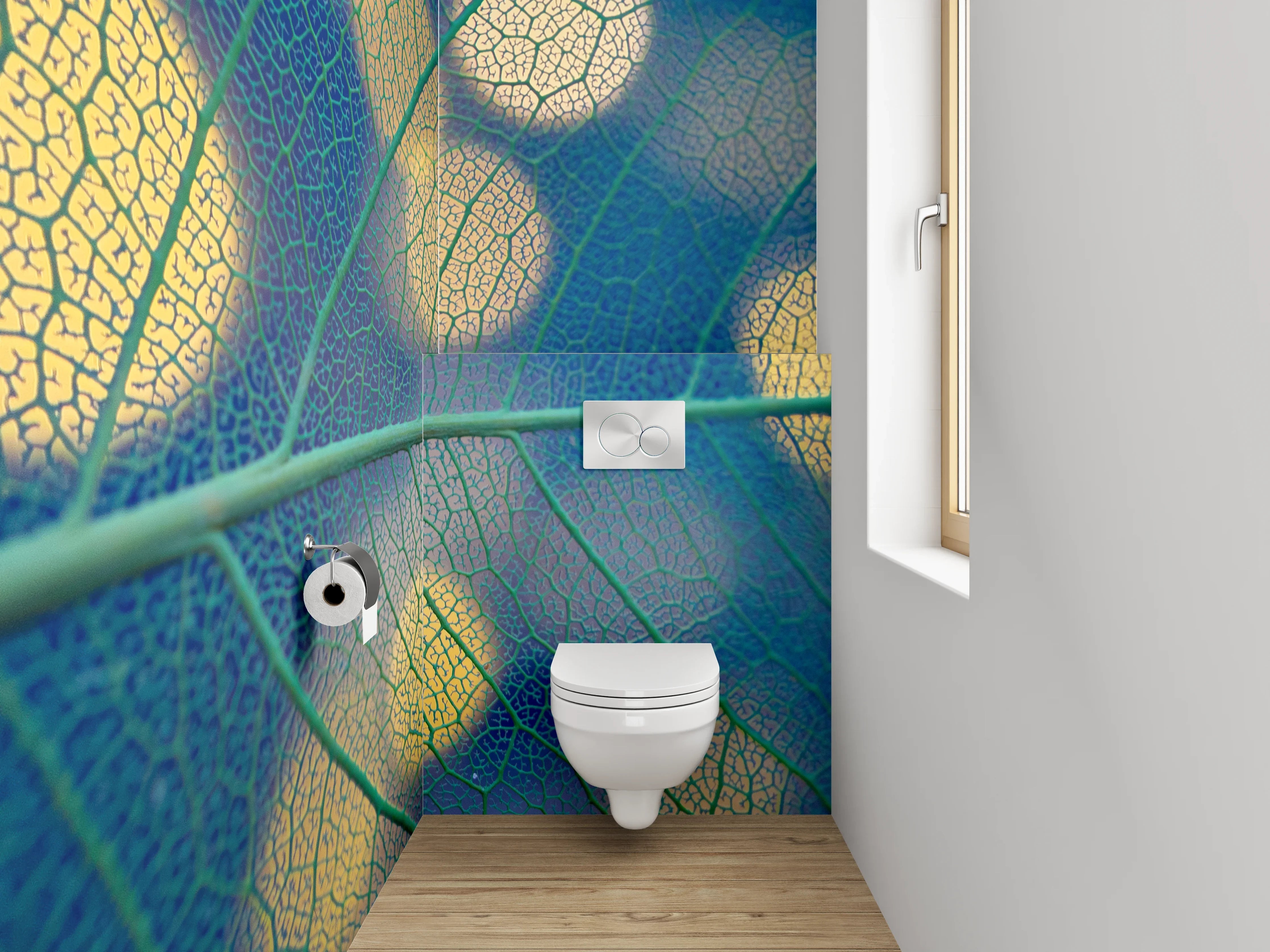 WC-Rückwand - Blattstruktur mit Bokeh-Lichtern