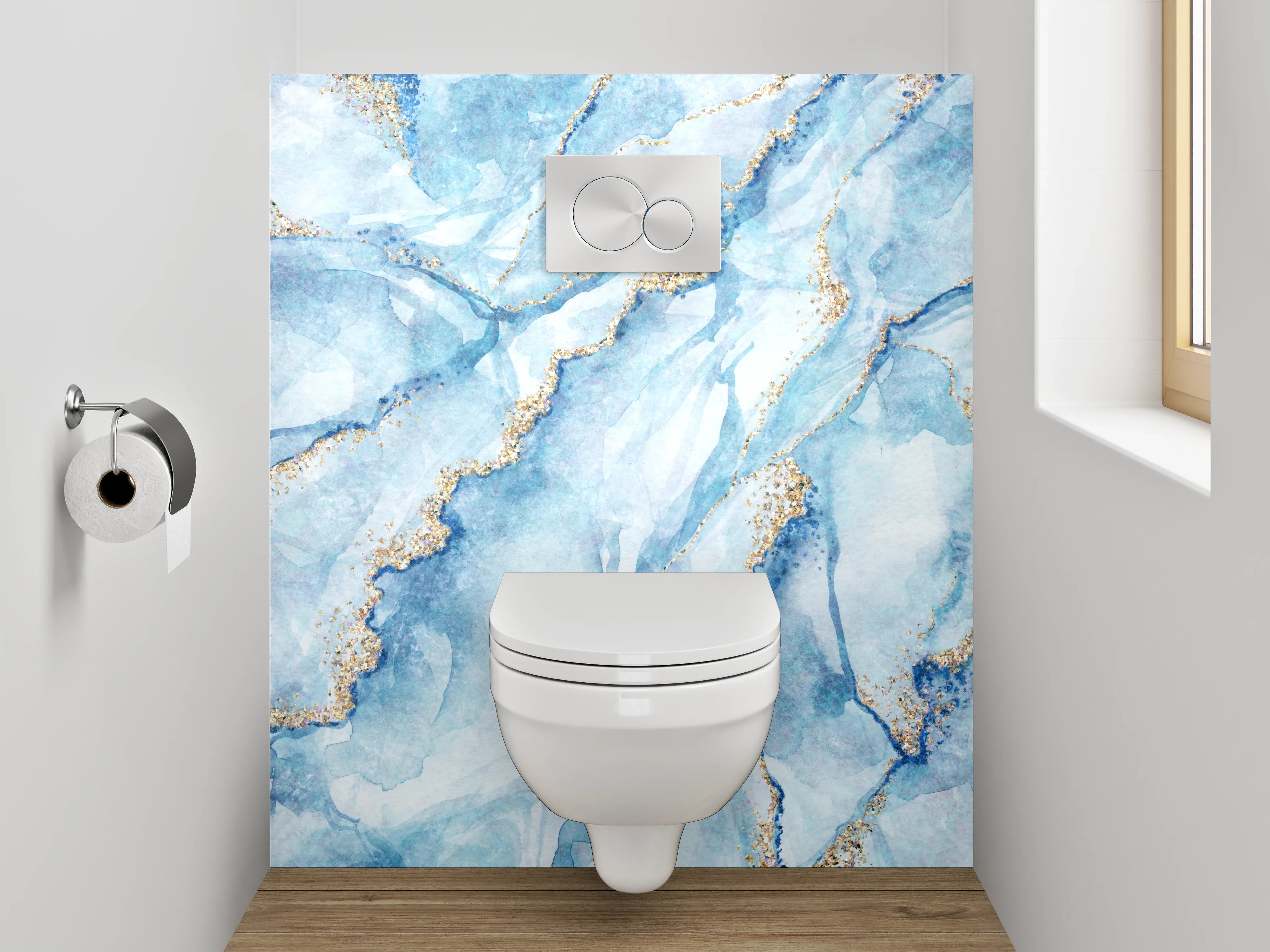 WC-Rückwand - Blau-Gold Aquarell Marmoroptik
