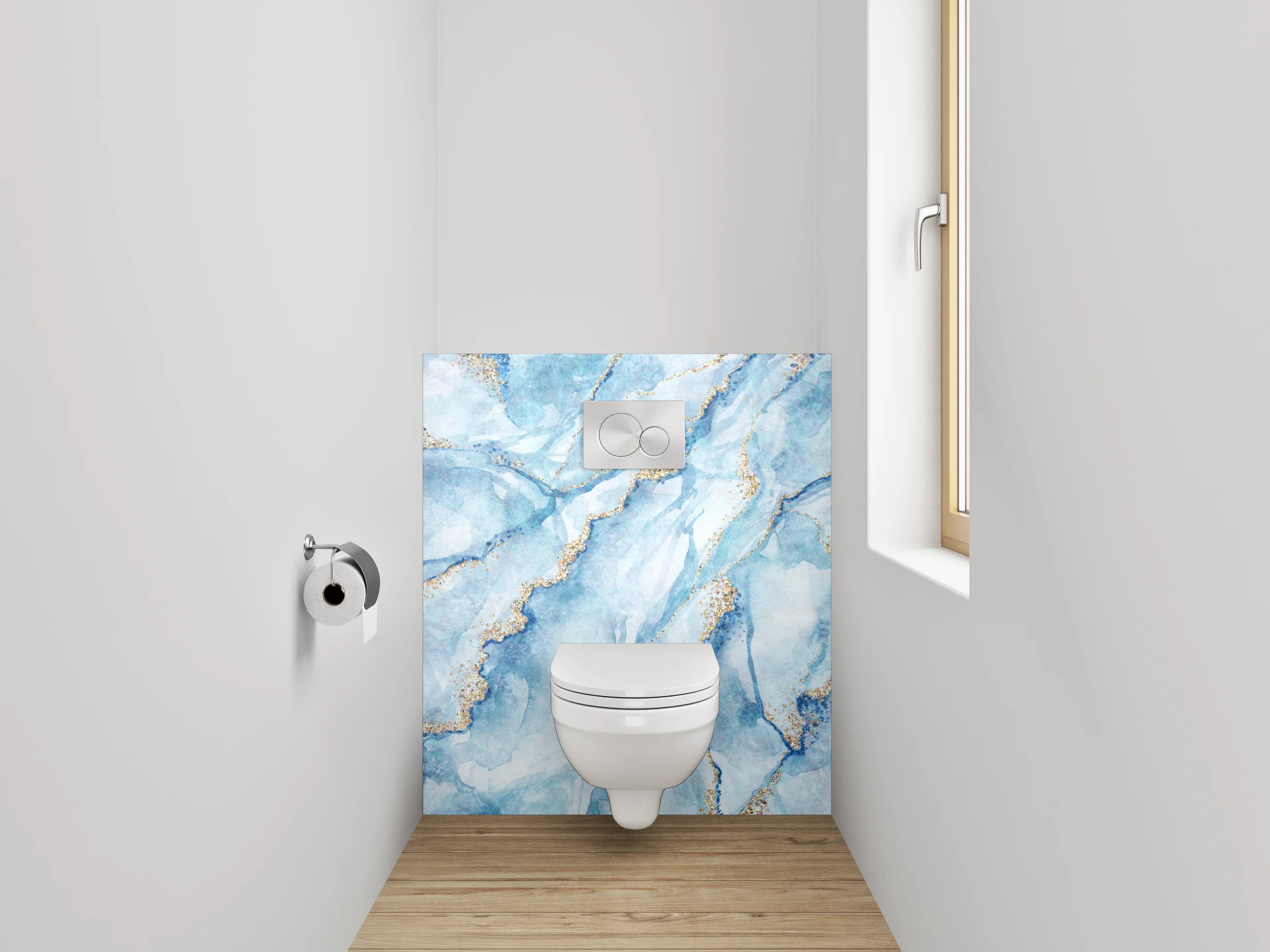 WC-Rückwand - Blau-Gold Aquarell Marmoroptik