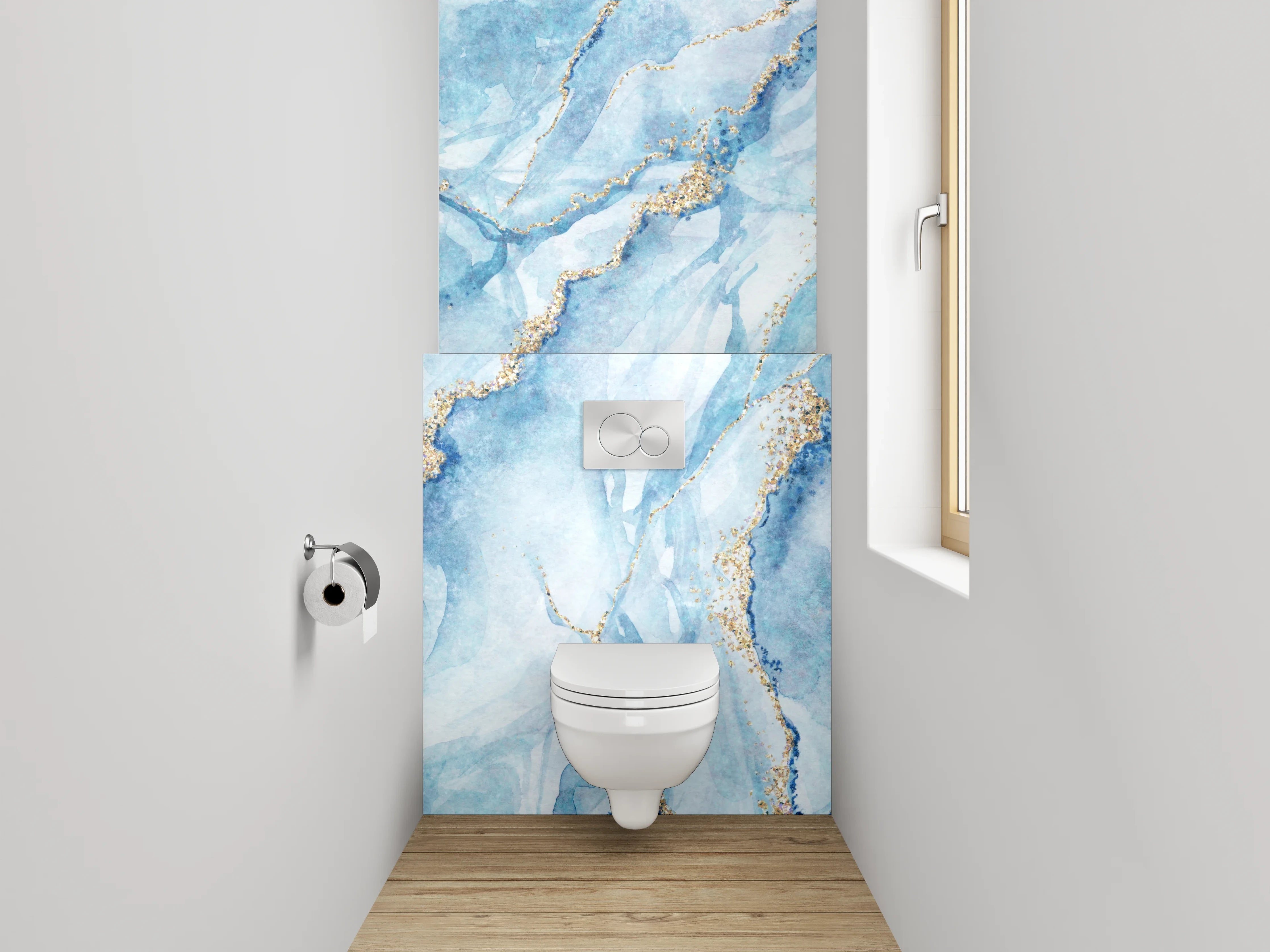 WC-Rückwand - Blau-Gold Aquarell Marmoroptik