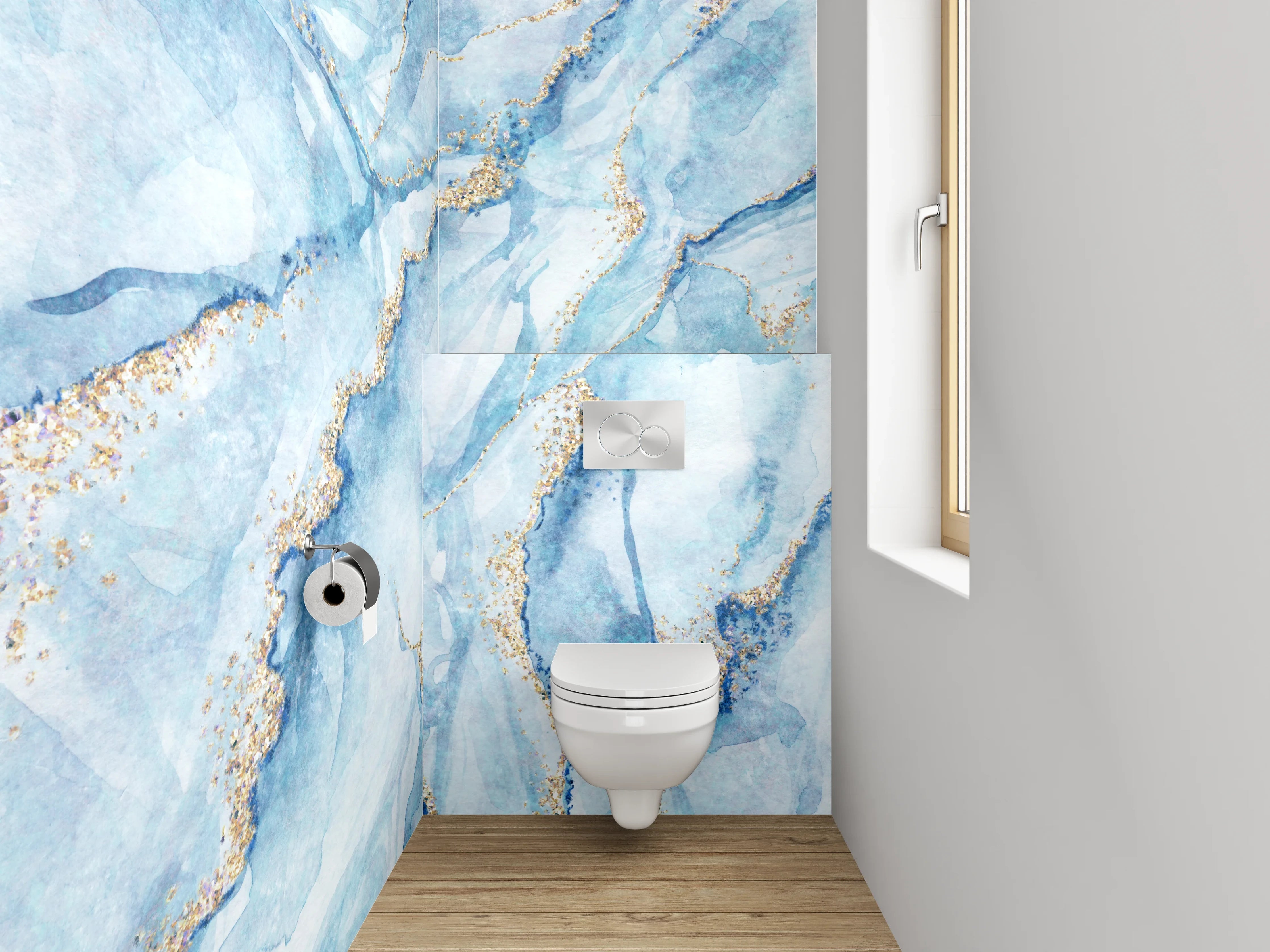 WC-Rückwand - Blau-Gold Aquarell Marmoroptik
