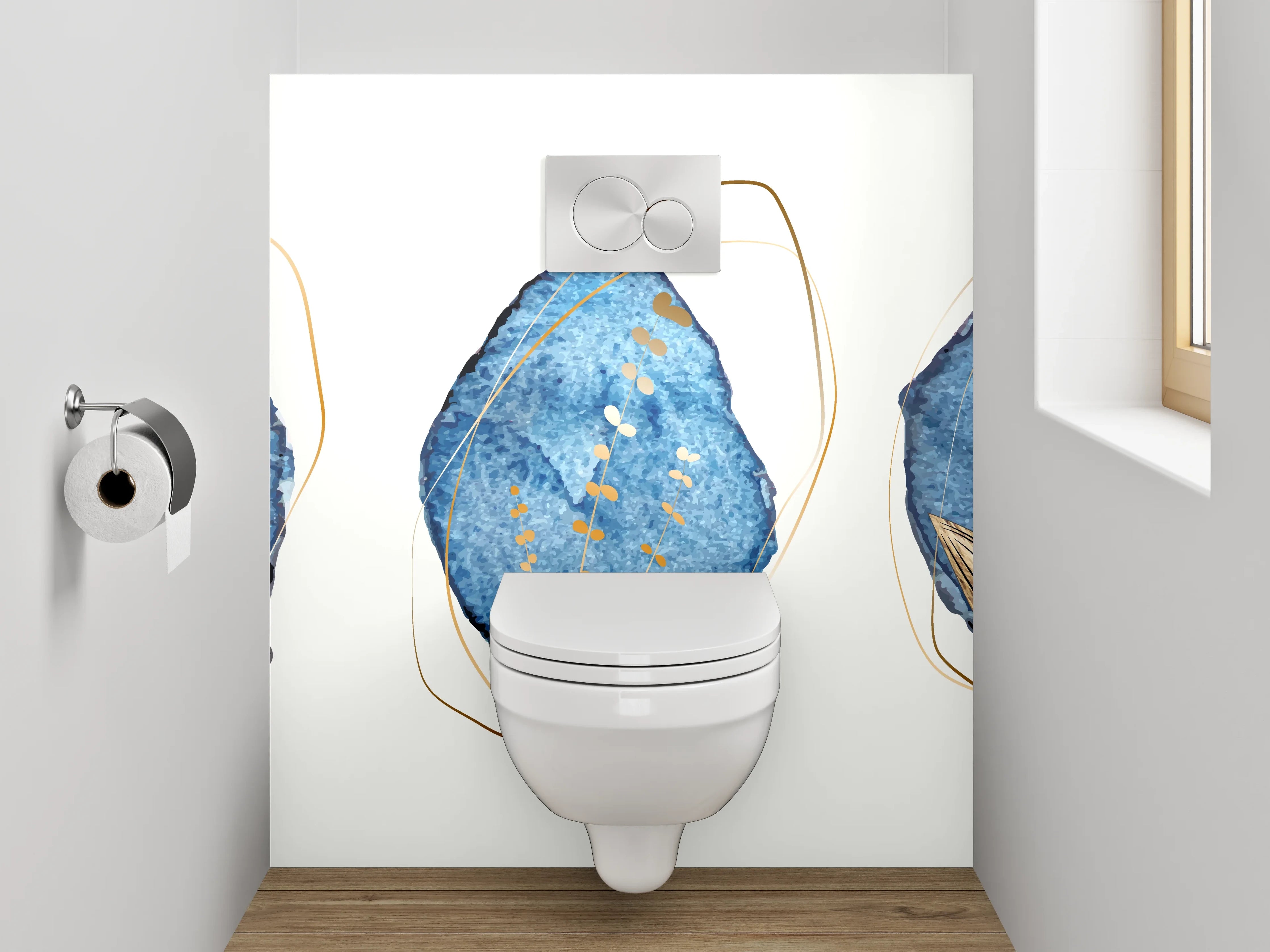 WC-Rückwand - Blau-Goldene Aquarell-Blätter Abstract