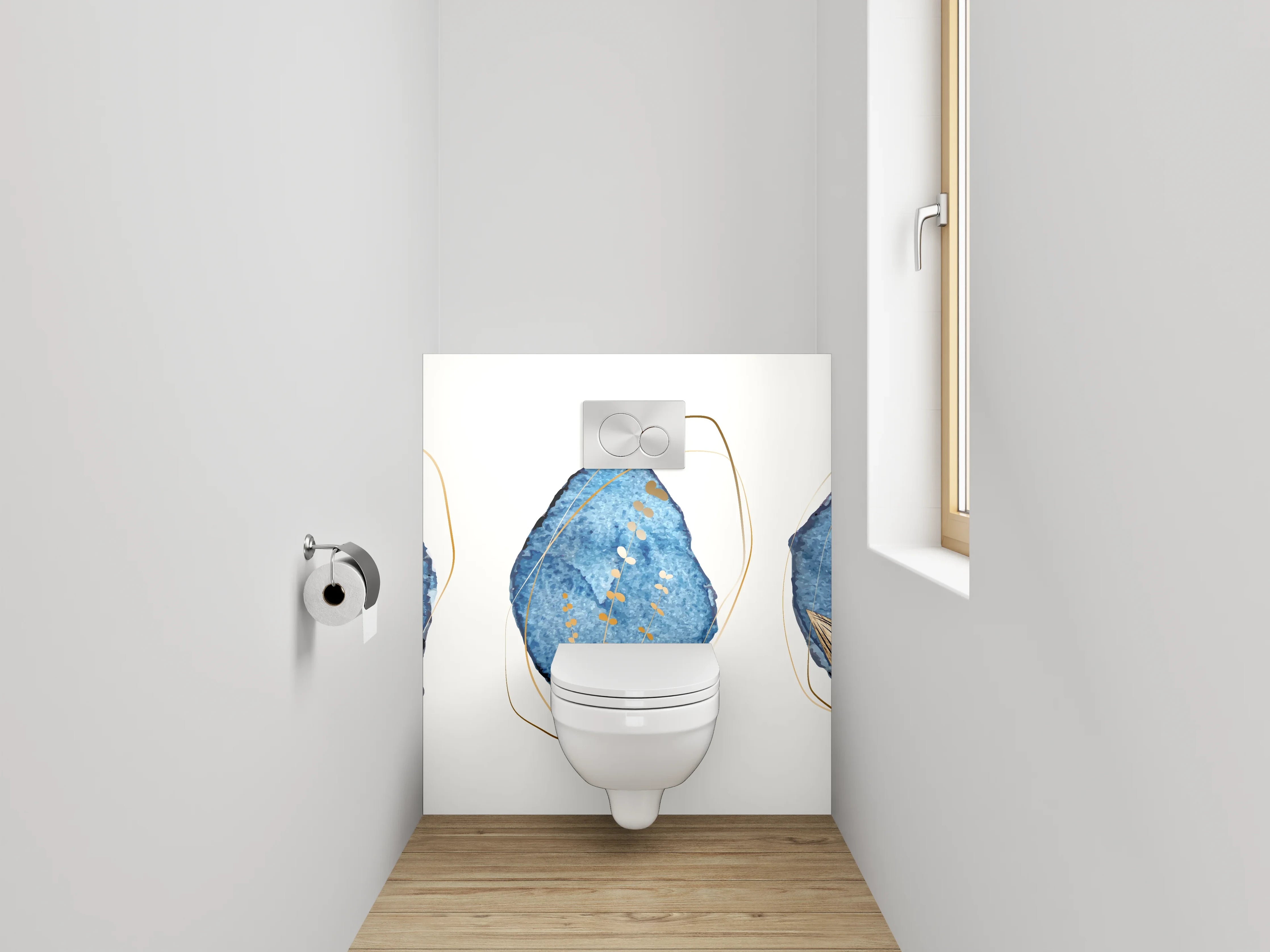 WC-Rückwand - Blau-Goldene Aquarell-Blätter Abstract