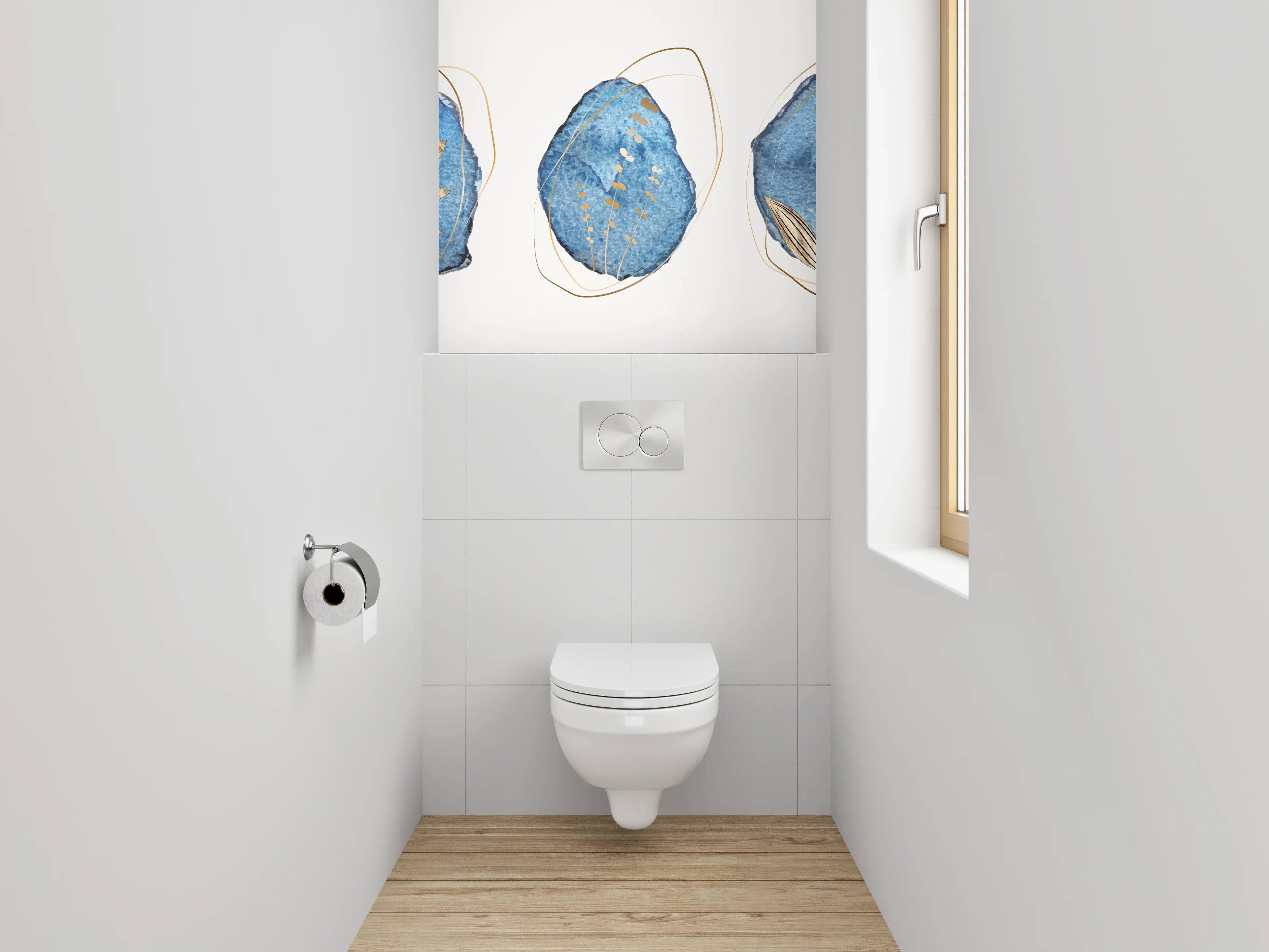 WC-Rückwand - Blau-Goldene Aquarell-Blätter Abstract
