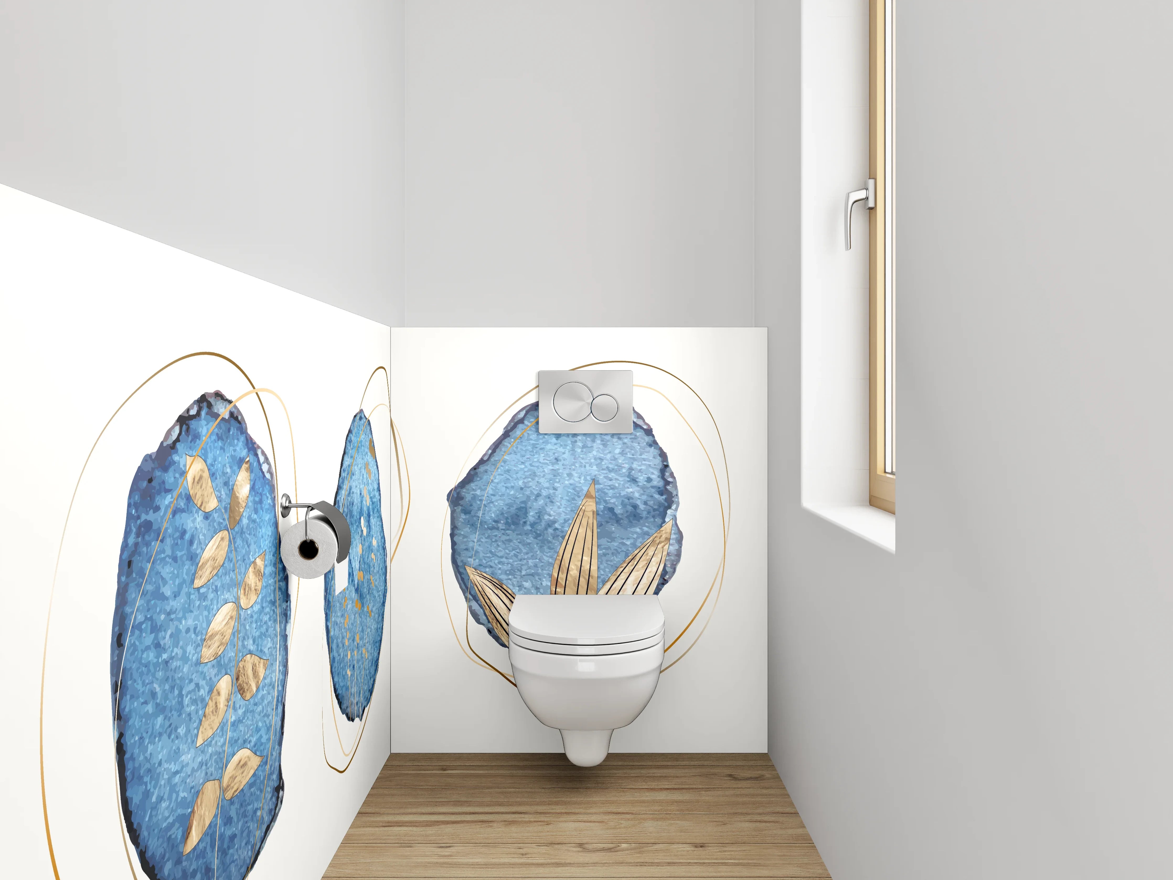 WC-Rückwand - Blau-Goldene Aquarell-Blätter Abstract