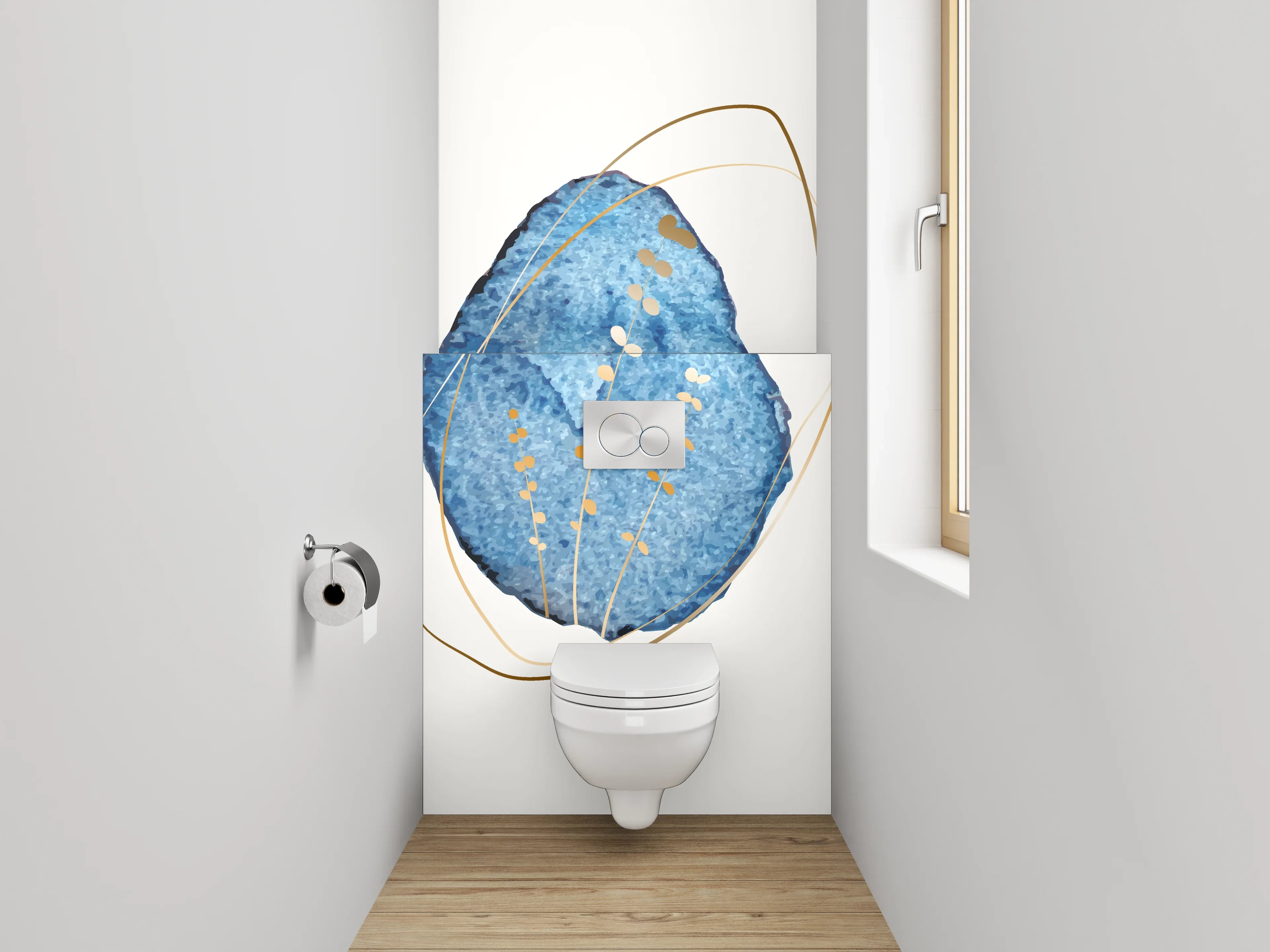 WC-Rückwand - Blau-Goldene Aquarell-Blätter Abstract