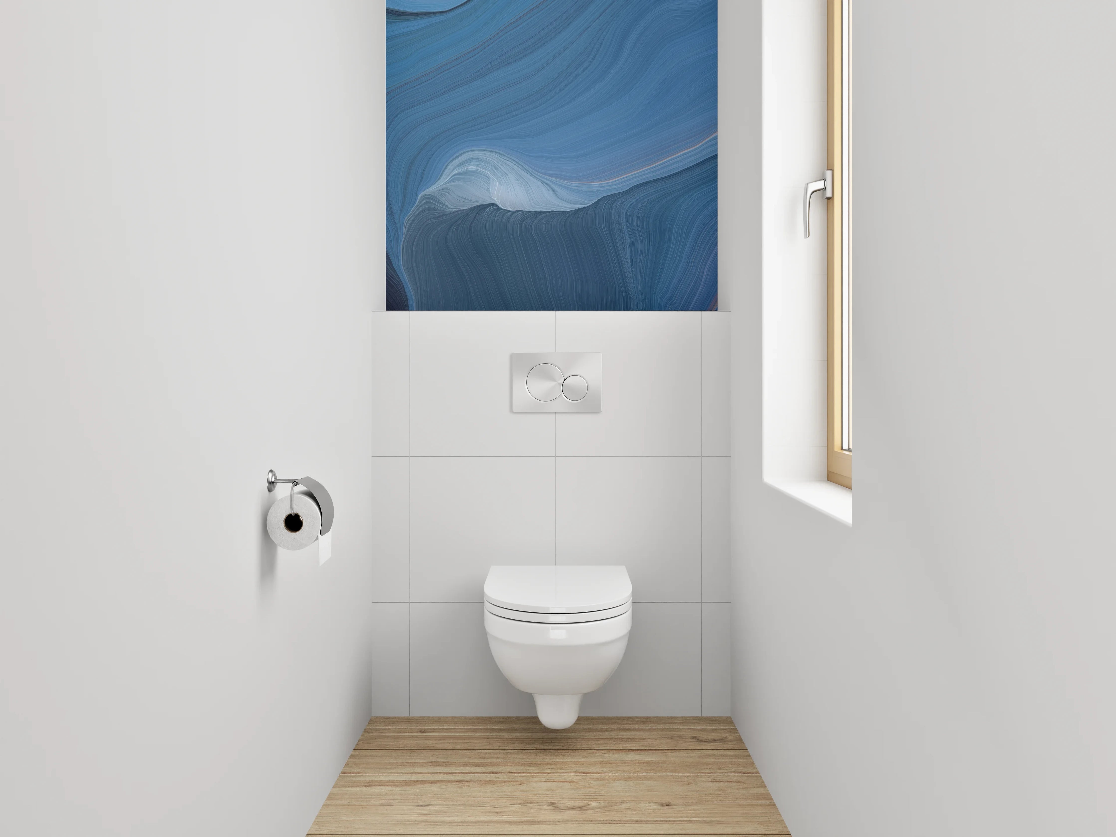 WC-Rückwand - Blau-Graue Marmorschleier auf Weiß