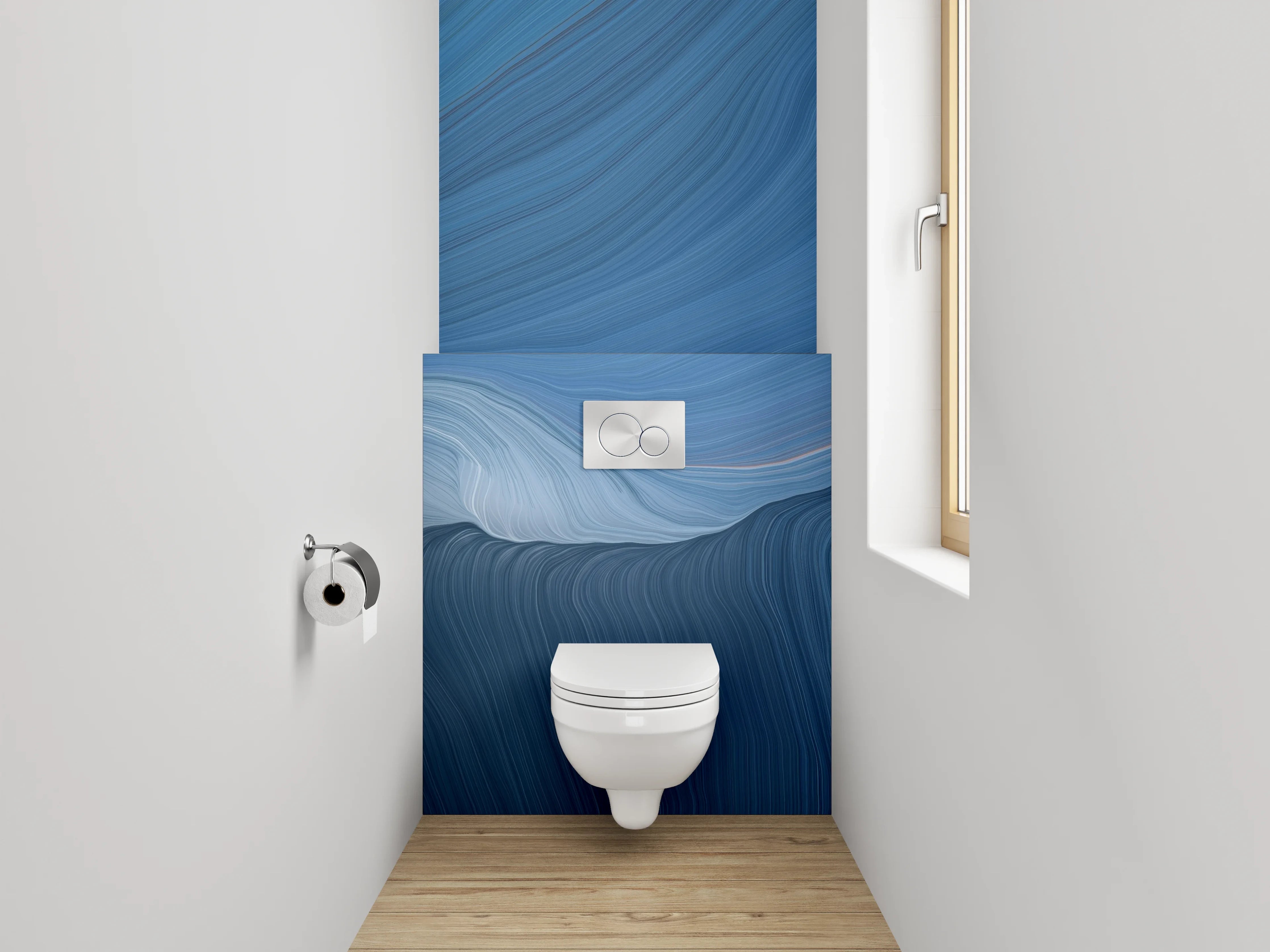 WC-Rückwand - Blau-Graue Marmorschleier auf Weiß
