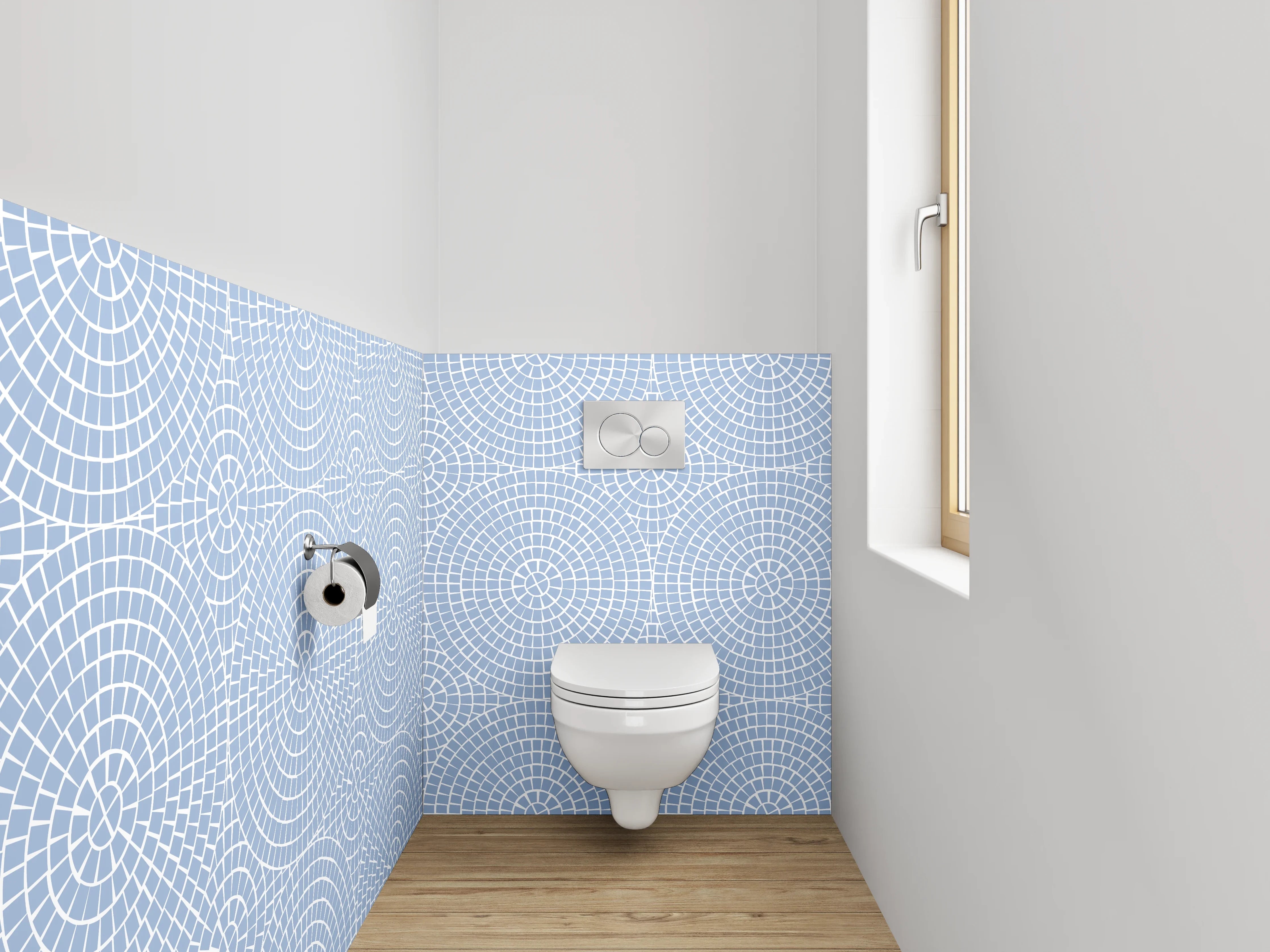 WC-Rückwand - Blau-Graues Kreisornament mit Weiß